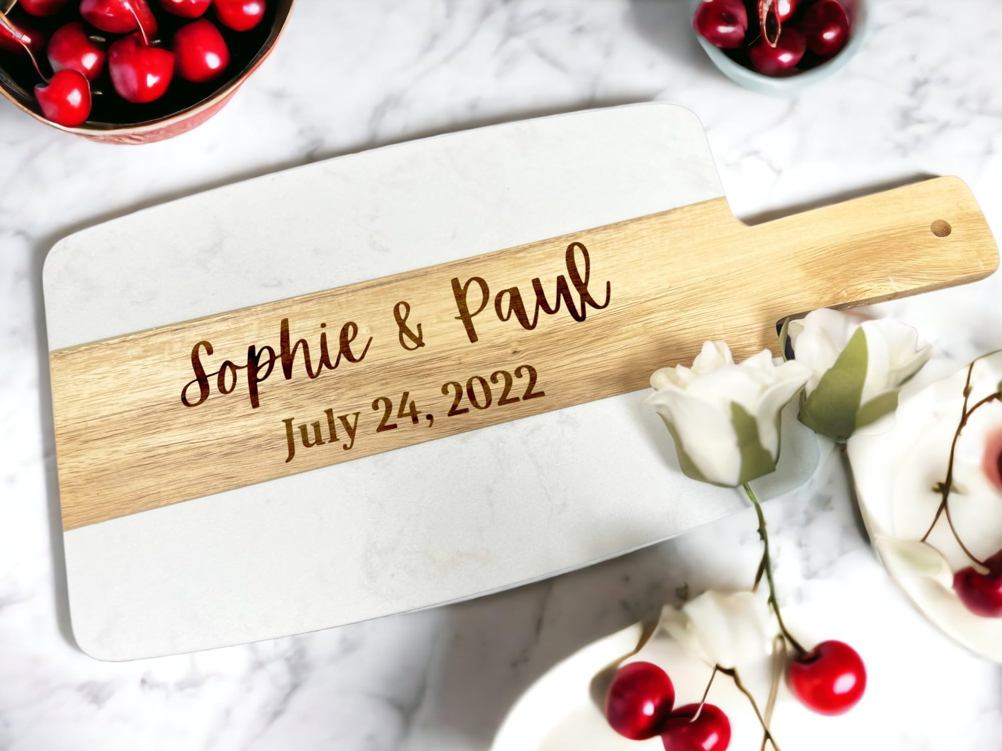 Customized Marble and Wood Charcuterie Cheese Serving Board - Perfect for Bridal Showers, Weddings, Engagements, Birthdays, and Expressing Gratitude.