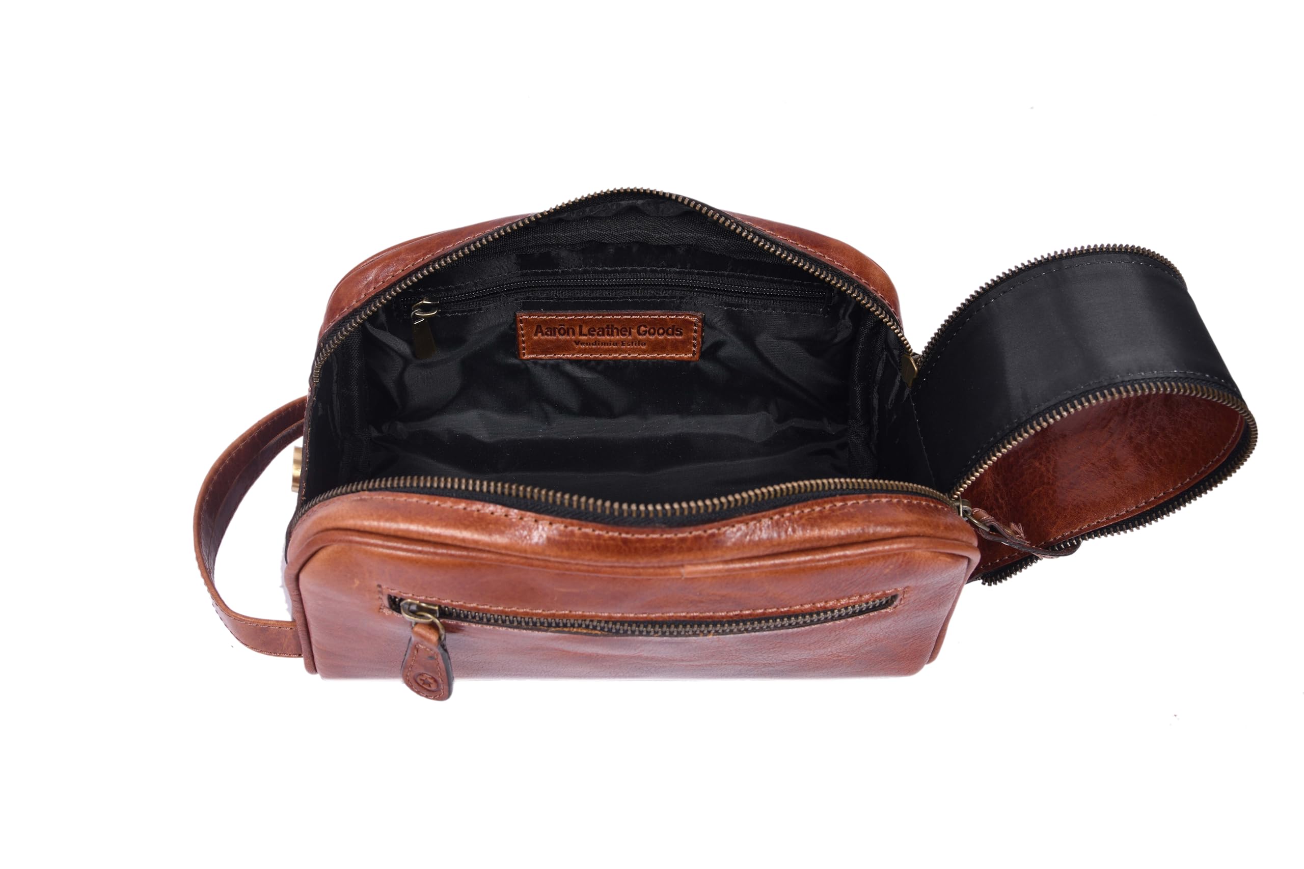 Aaron Leather Goods - Beauty case in pelle da uomo, kit da viaggio per toelettatura, con fodera impermeabile