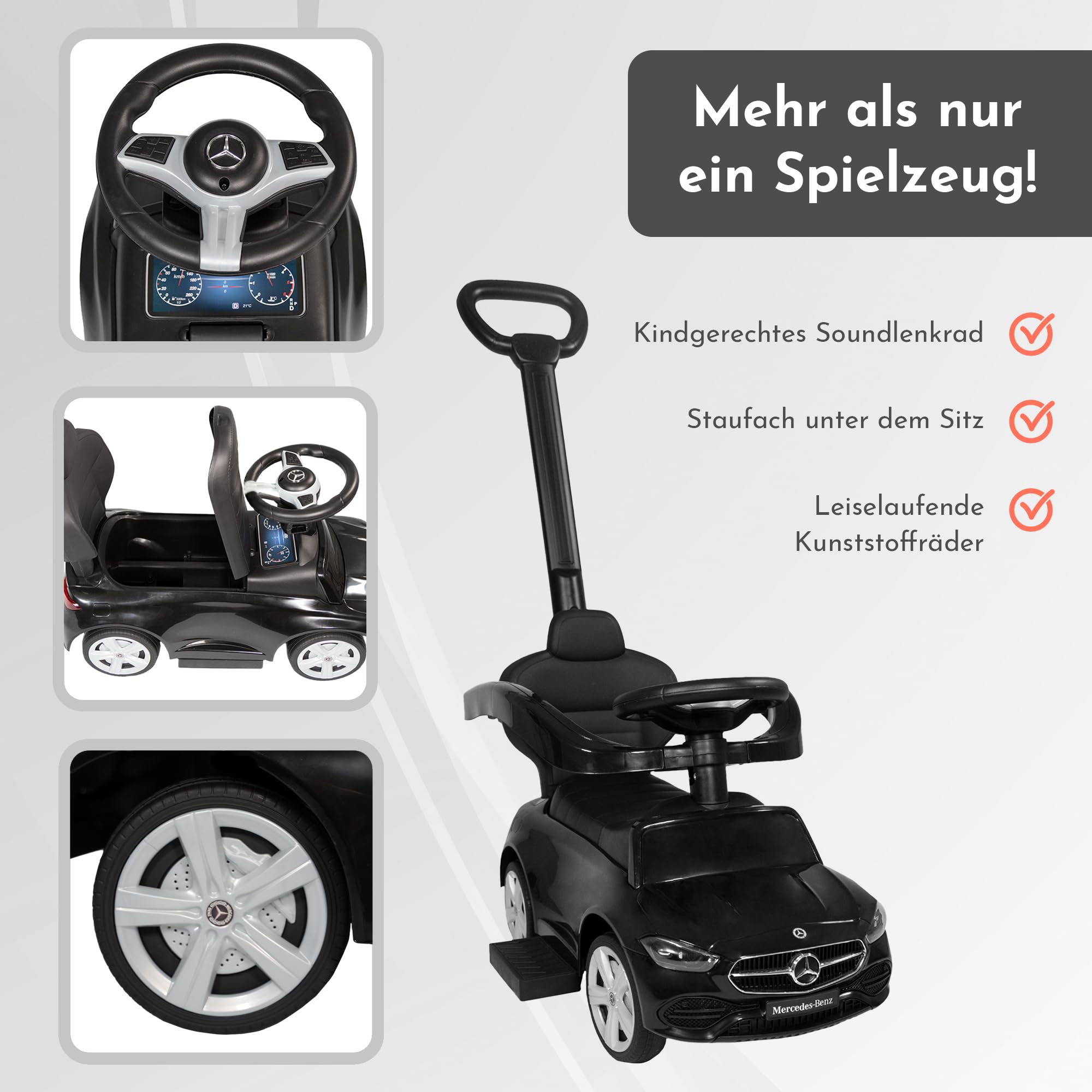 Lemodo Rutschauto schwarz ab 1 Jahr – Rutscherfahrzeug Kinderfahrzeug mit Schiebestange und Sicherheitsbügel, Rutscherauto mit Staufach und Sound-Lenkrad, Lizenziertes Kinderspielzeug von Mercedes