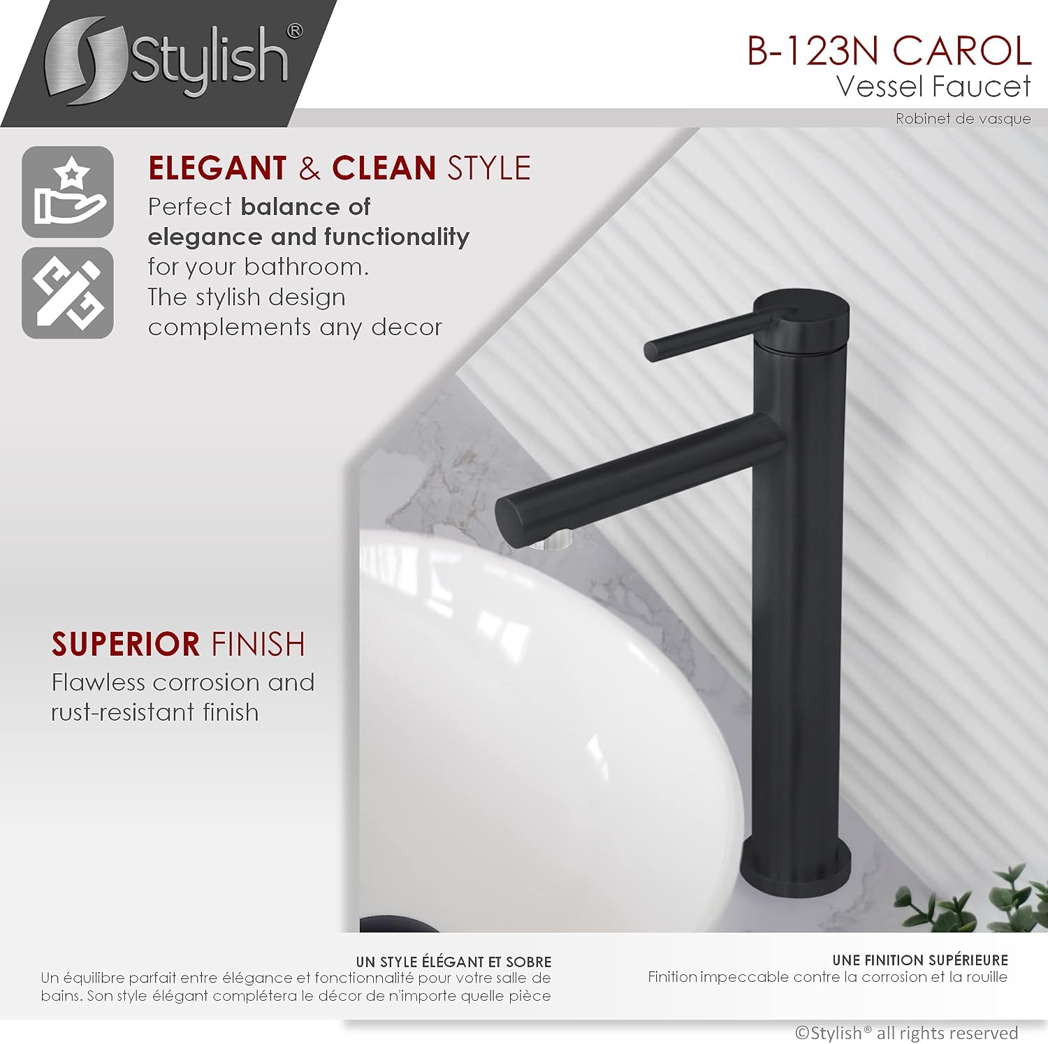 Stylish Single Handle Bathroom Faucet Solid Stainless Steel Construction 1 Hole Vessel Sink Faucet Matte Black Finish, B-123N