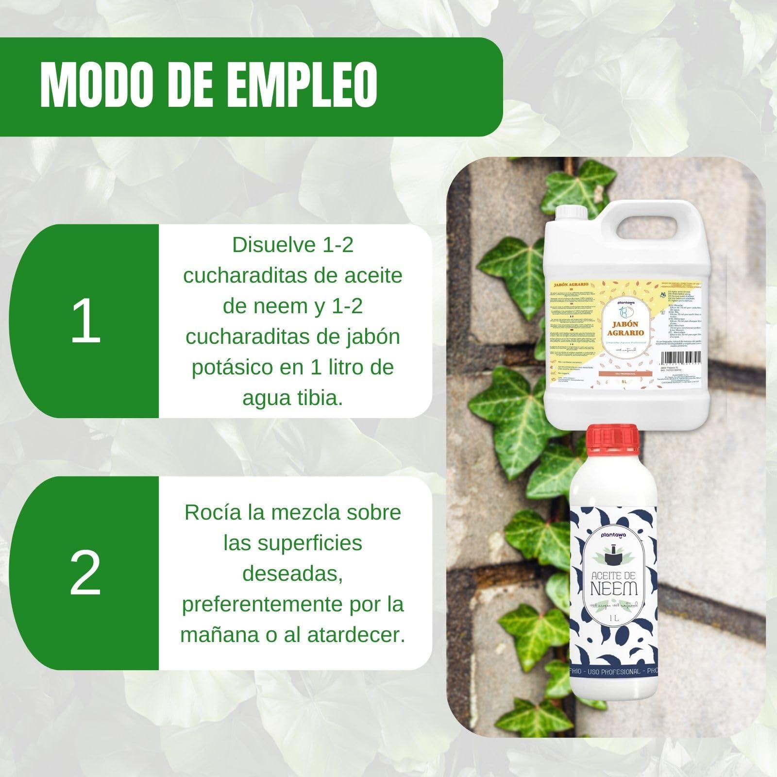 PLANTAWA Pack Jabón Potásico 5L + Aceite de Neem 1L | Solución Multiusos | Fácil Aplicación y Máxima Eficacia | Versátil | Uso en Interior y Exterior | Productos de origen natural