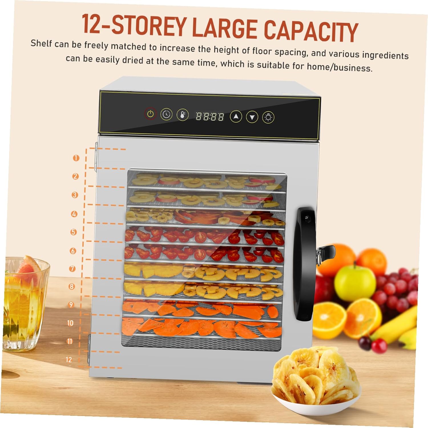 Alipis Stainless Steel Food Dehydrator Machine with Trays Timer and Temperature Control Electric Dryer for Fruits Meats Veggies Dog Treats Household Multifunctional Snack Maker with US