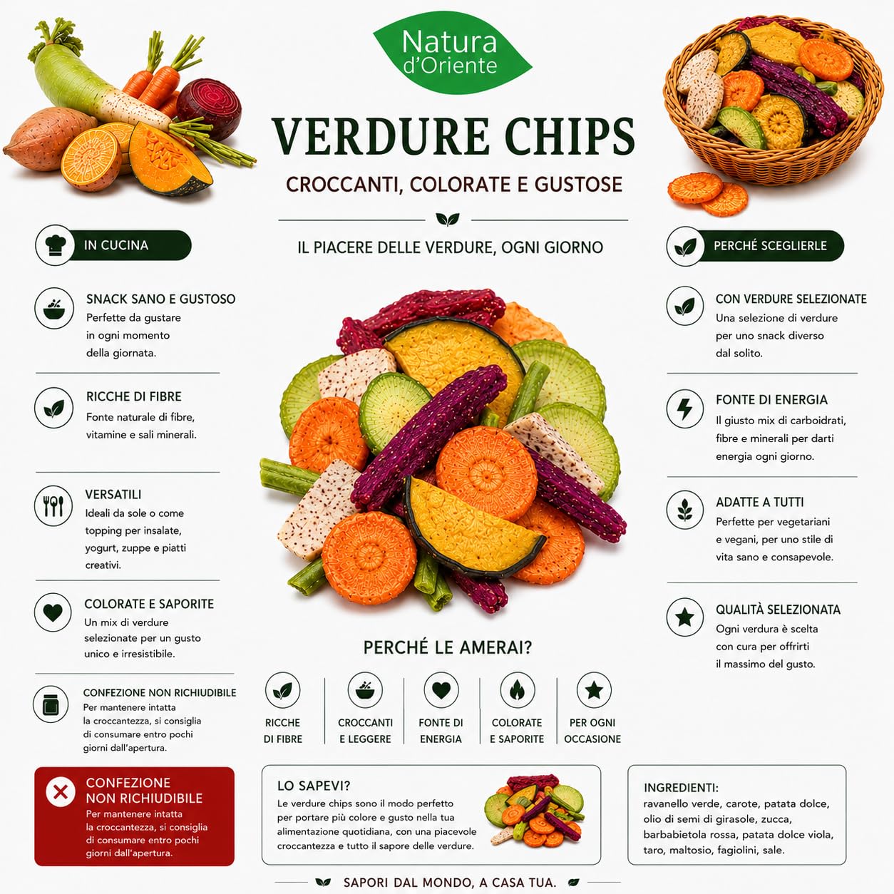 NATURA D'ORIENTE Verdure Chips Mix 2500g Snack Croccante Vegetale | Mix colorato di verdure • Croccanti e saporite • Ideali per aperitivi e snack