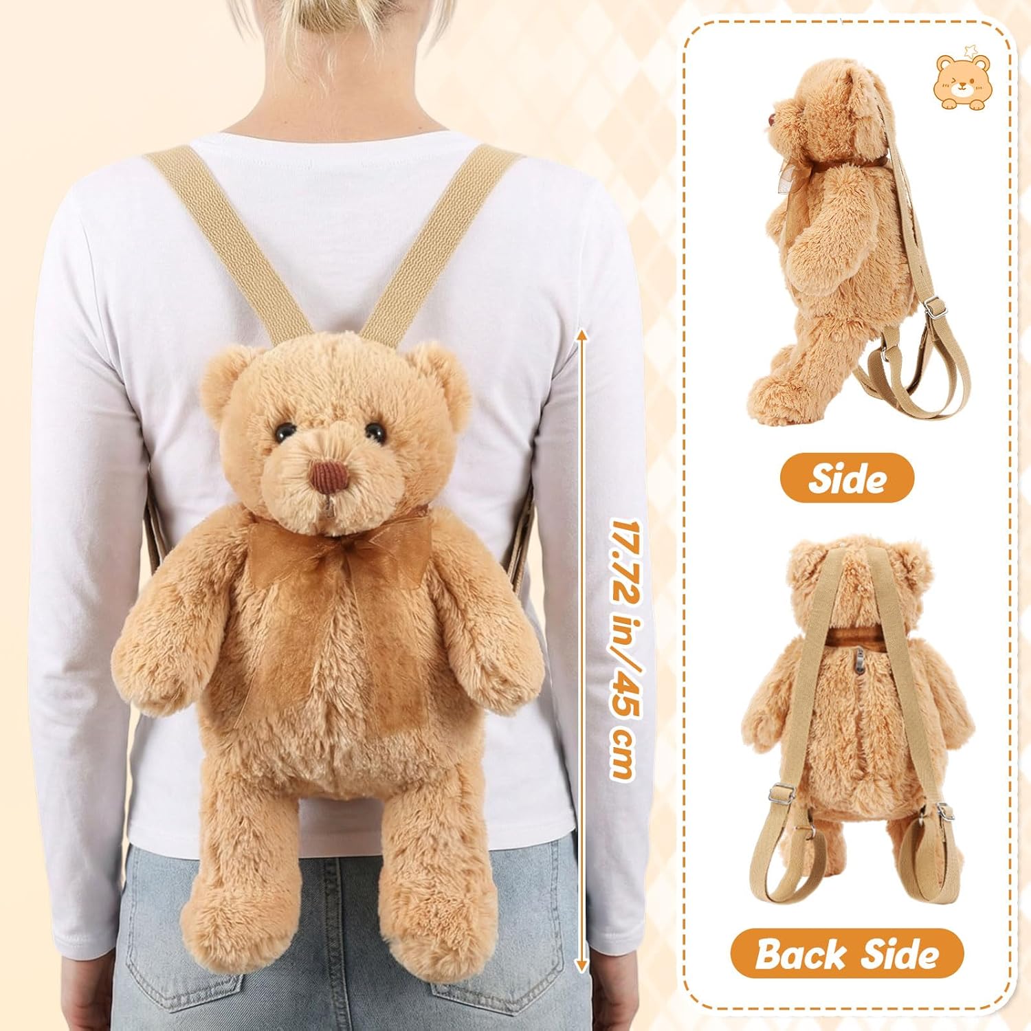 Hillban Women Faux Fur Bear Shaped Backpack Adjustable Straps Cute Plush Shoulder Bag Purse for Adults Mother's Day Gift