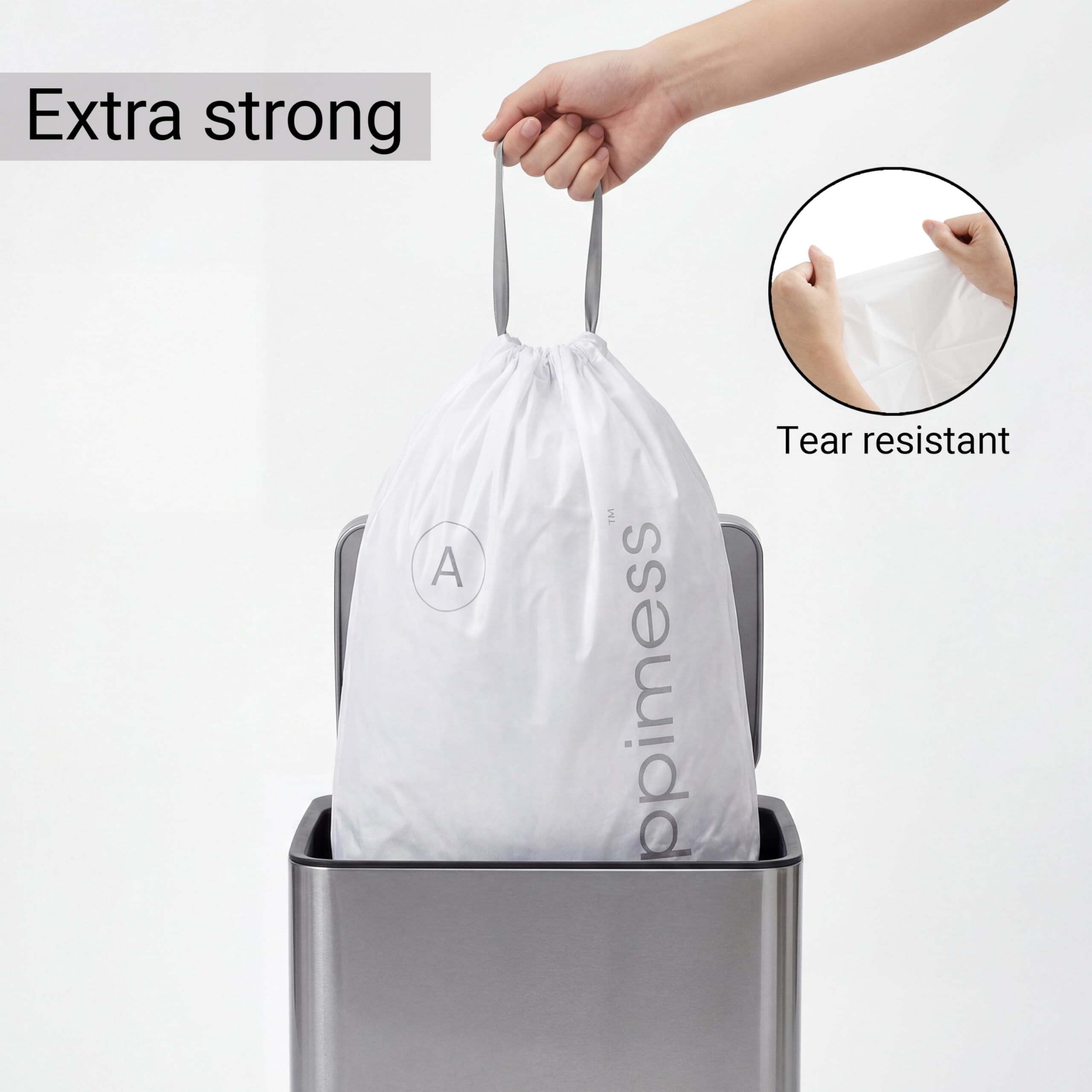 happimess Bolsas de basura con cordón de 8 galones, sin perfume, transparentes, resistentes de LDPE para cocina y hogar, ajuste personalizado, 100 unidades (5 paquetes de 20 forros) HPM3000A-C-5SET