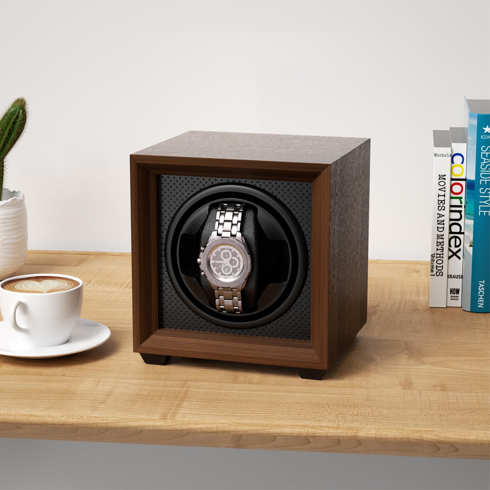 Fousenuk caja relojes automaticos con motor silencioso, 2 ajuste modos, cuadrada y color nuez enrollador para reloj, con puerto de carga USB y espuma viscoelástica, para dar cuerda a relojes mecánicos