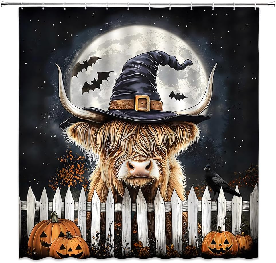 Halloween Highland Cow Shower Curtain Funny Bull Witch Hat Horror Pumpkin Bat Full Moon Farmhouse Wooden Fence Autumn Night Scenery Bathroom Decor Polyester Fabric Curtains with Hook 70Wx80H Inches