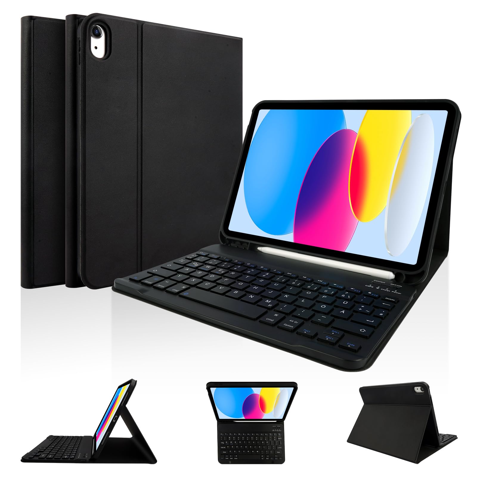 LAMA Tastaturhülle für iPad A16 11 Gen.2025(A3354/A3355/A3356), iPad 10 Gen.2022(A2696/A2757/A2777), schlanke Schutzhülle, kabelloser Bluetooth Tastatur Hülle mit Stifthalter(Deutsche QWERTZ),Schwarz
