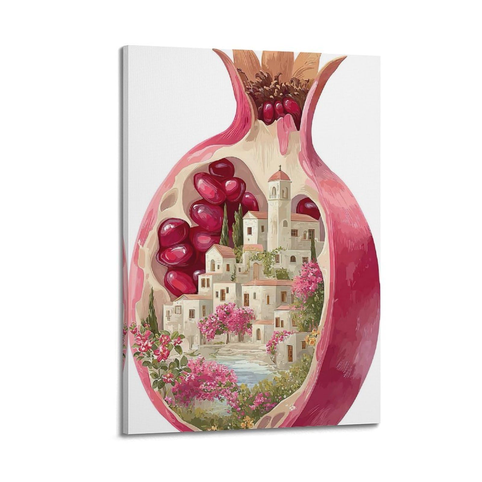 ZLXZPL Fantasy Illustrativer Stil Granatapfel Stadtgeheimnis Wandkunst Leinwand Poster Drucke für moderne Familie Wohnzimmer Dekor Kunstwerk 50 x 75 cm Rahmenstil