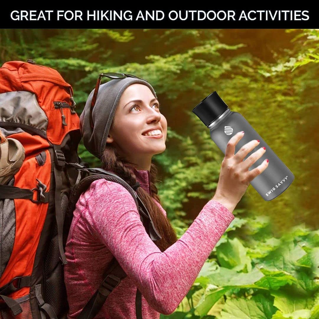 Swig Savvy Sports Water Bottle, Vacuum Insulated Stainless steel, Double Wall, Wide Mouth 2 Leakproof Lid, Travel Thermos - 30oz (Black) Product Image 6