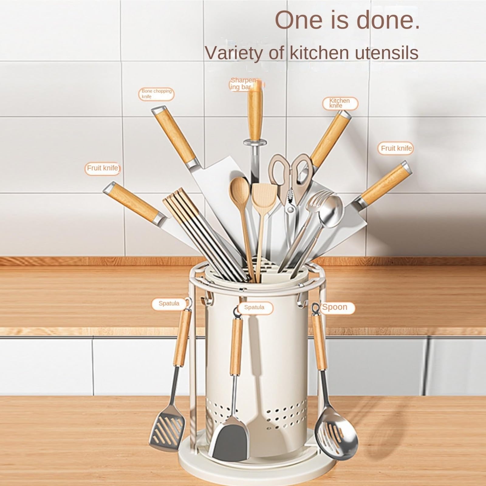 Bloque para Cuchillos Utensilios De Cocina Soporte Giratorio For Cuchillos con Bandeja De Goteo Extraíble For Utensilios Cocina Herramientas(White)