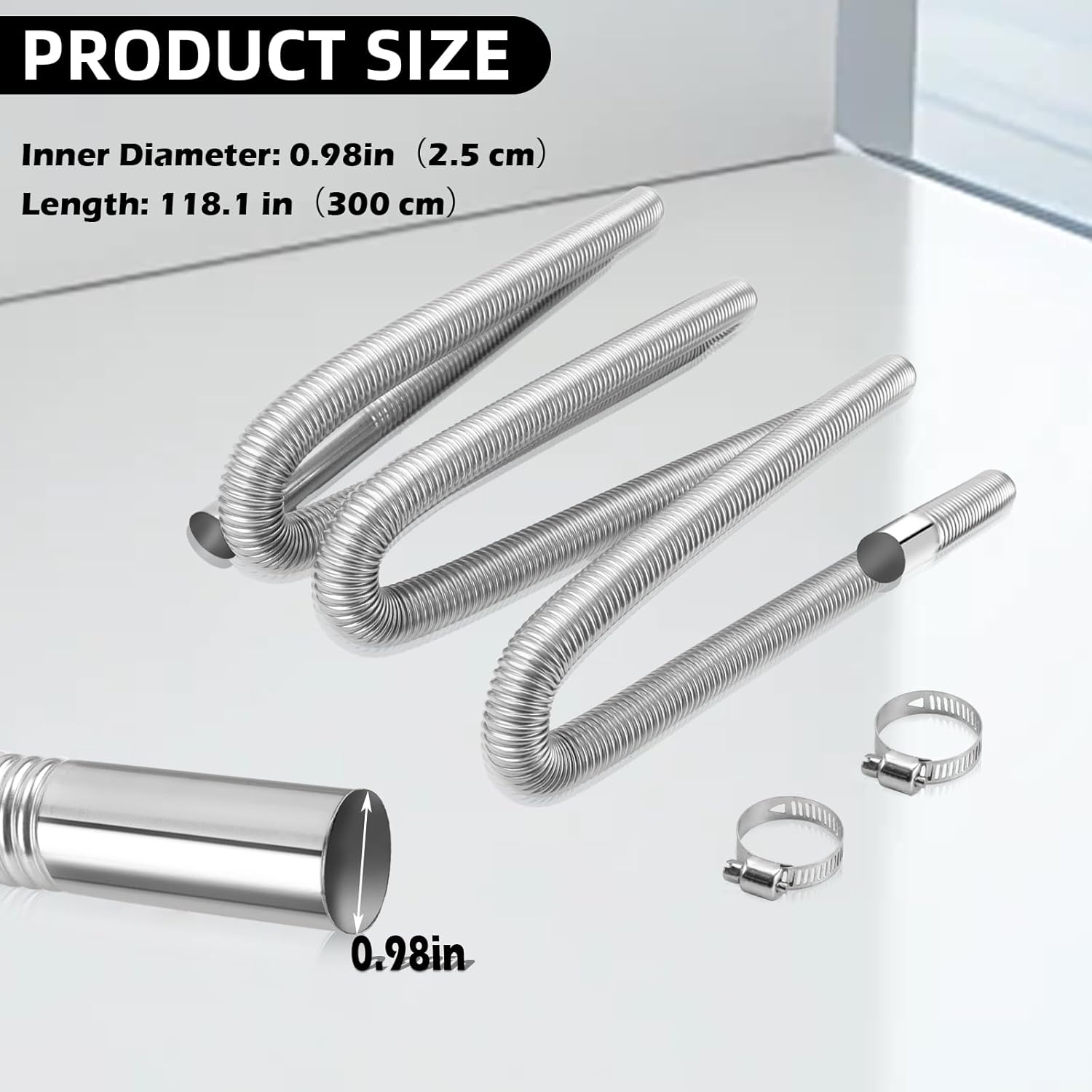 1 inch Stainless Steel Exhaust Hose, 118.1" Flexible Exhaust Pipe,Diesel Heater Flexible Exhaust Tubing with 2 Hose Clamps Generator Exhaust Hose Parking Air Heater Fuel Tank Diesel Gas