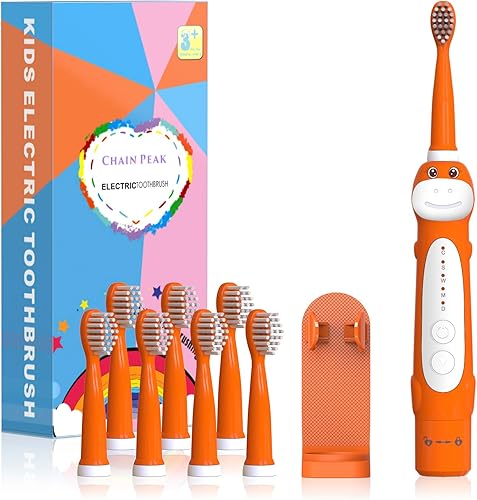 CHAIN PEAK Cepillo de dientes de dinosaurio, cepillo de dientes eléctrico sónico para niños, niños pequeños y niñas de 3 a 12 años con recordatorio
