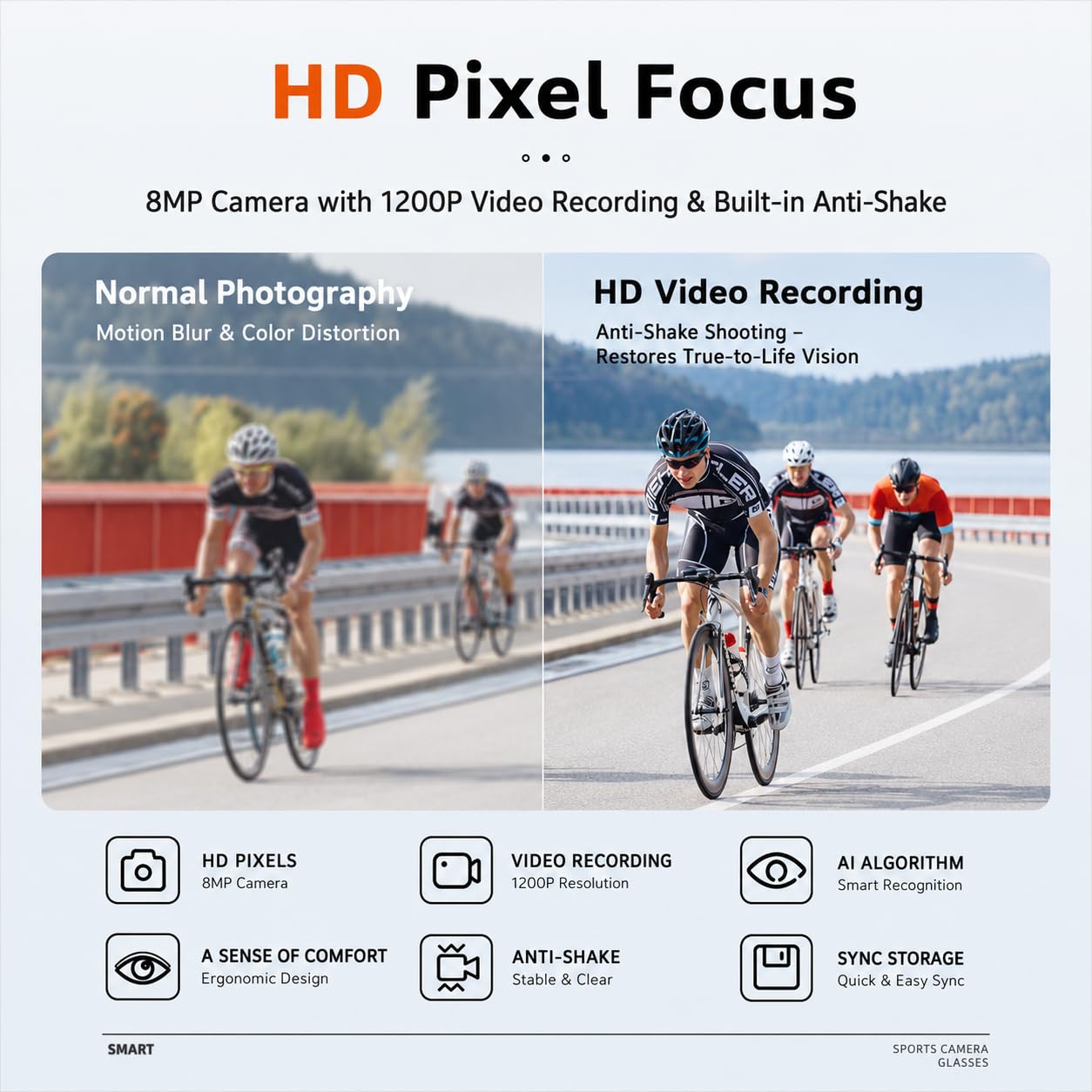 Lunettes Intelligentes 4K AI, Caméra 8MP, Lunettes de Sport Bluetooth avec Commande Vocale, Stabilisation EIS, IP54 pour Le Cyclisme, Le Ski, la Randonnée (Orange Rouge)