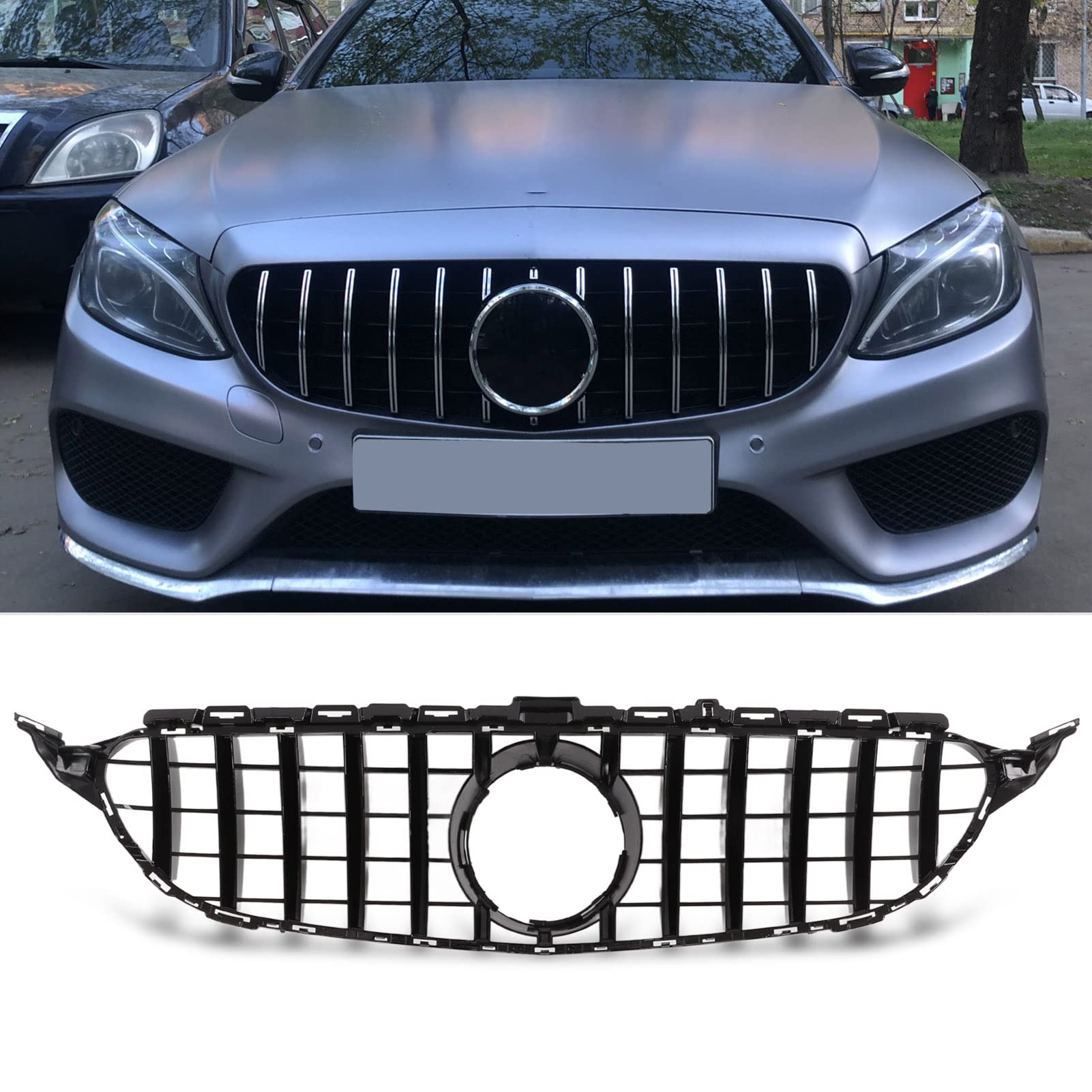 Aramox dla Panamericana GT Style Maskownica z Siatkową Maskownicą Zamiennik dla C Klasa W205 C205 Przed Liftingiem 2015-2018(pełna czerń)