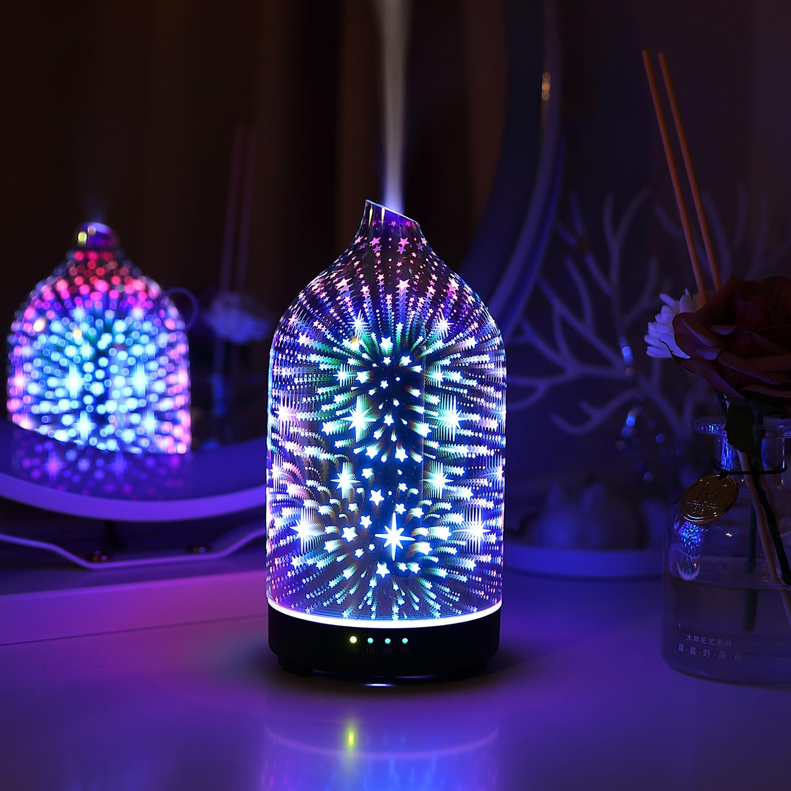 3D Glass Star Aromatherapy Diffuser 160ml ultrasonic Cool Mist Scent Aroma Essential Oil Diffuser Humidifier with Intermittent Mist & LED 7 Colorful Changing Night Light for Home Décor
