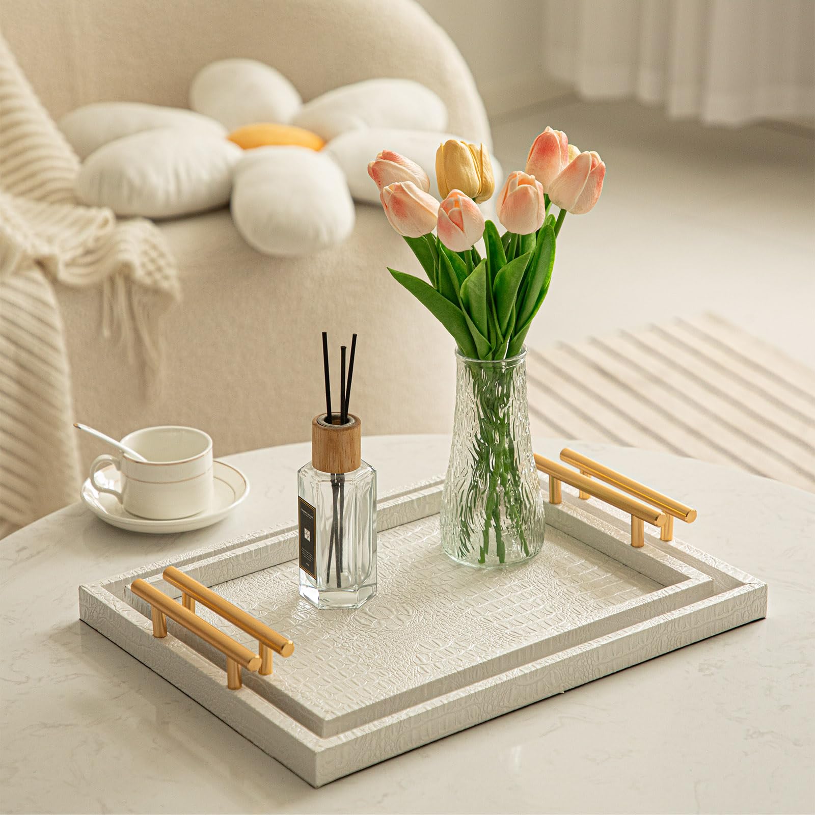 Modernes Elegantes Großes Holz-Serviertablett, 2er Set Weiß Krokodil Leder mit Gold Polierte Metallgriffe, Rechteckiges Dekotablett Ottomane Tablett Couchtisch Tablett für Wohnzimmer