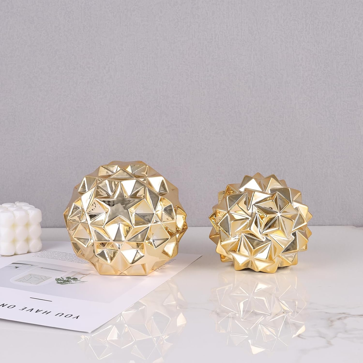 Gold Knot Orbs Ceramic 2PC Decorative Spheres Set - Modern Geometric Balls Centerpieces, Gold Balls Decor & Decorative Balls for Living Room Coffee Table, Office Desktop, Bookshelf & Bedroom