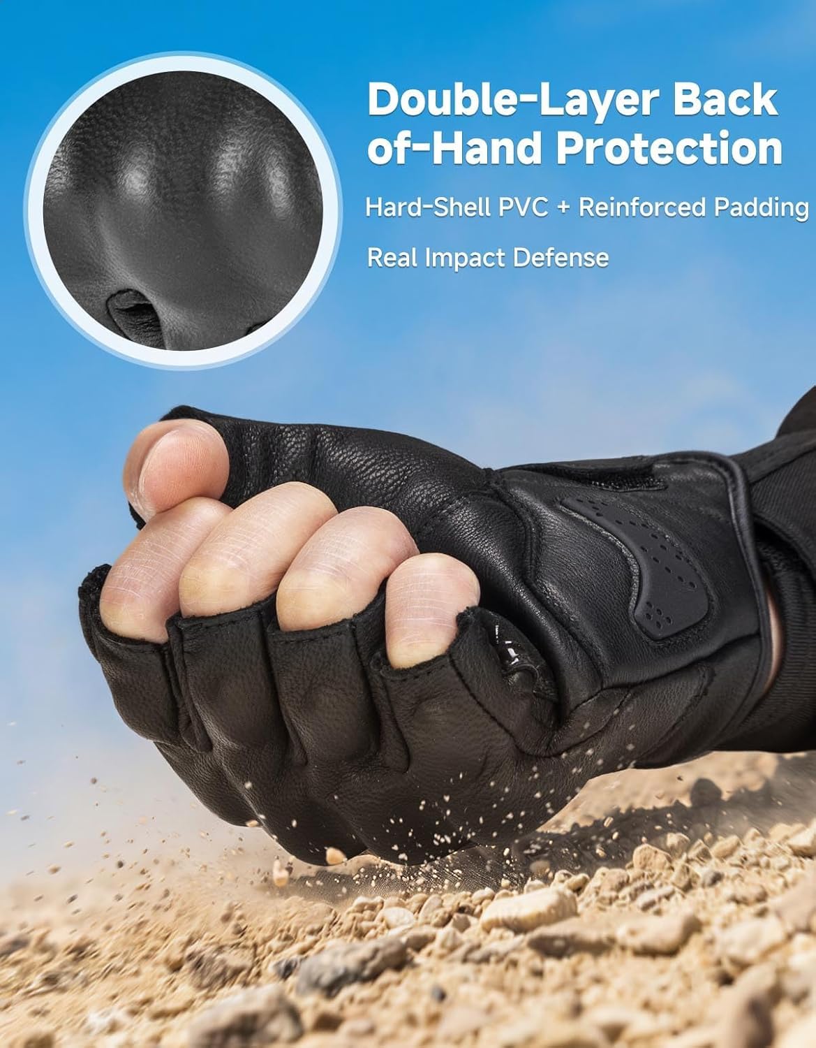 KEMIMOTO Gants Moto Homme Demi-Doigts, Gants Moto Été en Cuir de Chèvr Antidérapants avec Design à Coutures Extérieures, Convient pour Motocross, Scooter, Cyclomoteur, Mobylette, Quad, ATV
