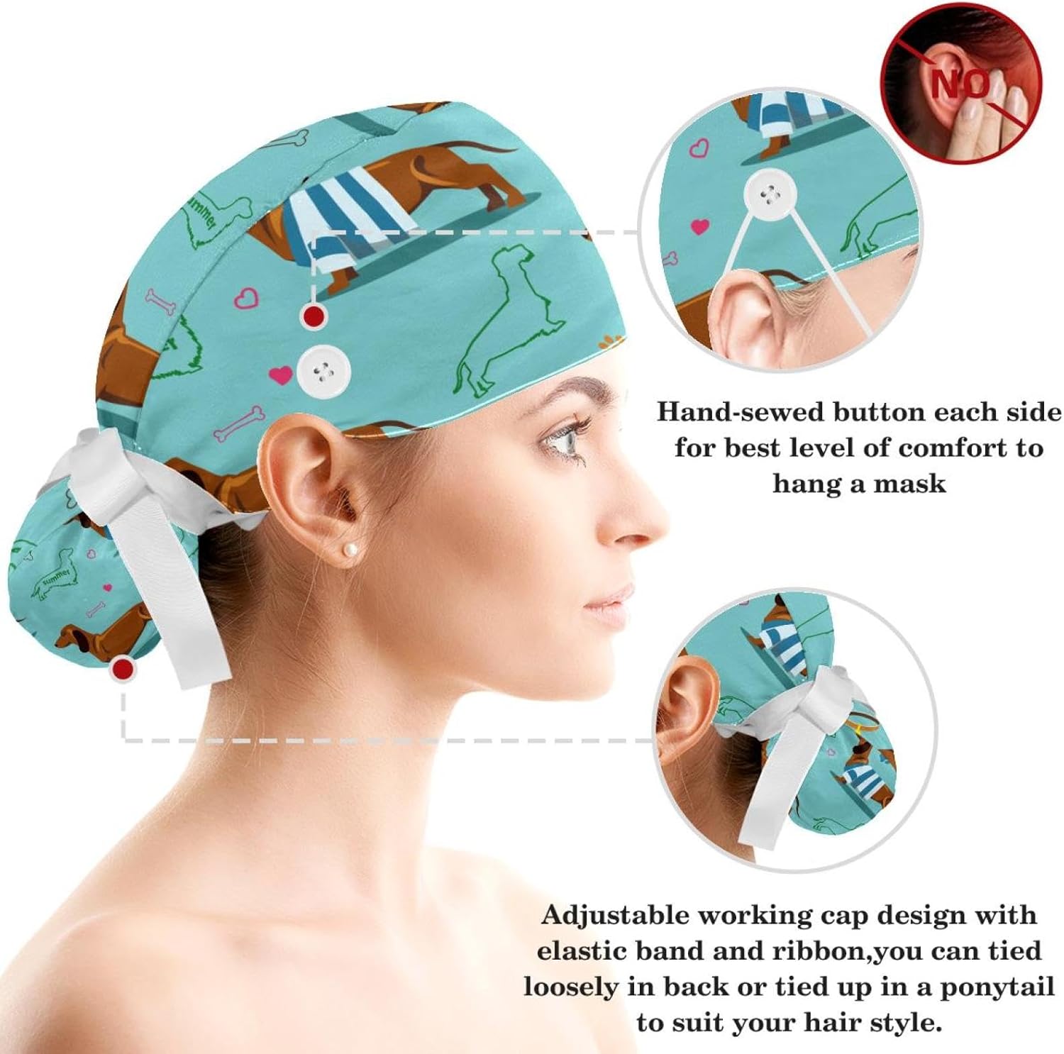 Adjustable Brown Dachshund Dog Blue Surgical Scrub Cap with Button,Sweatband for Women with Bow Hair Scrunchy - Image 3