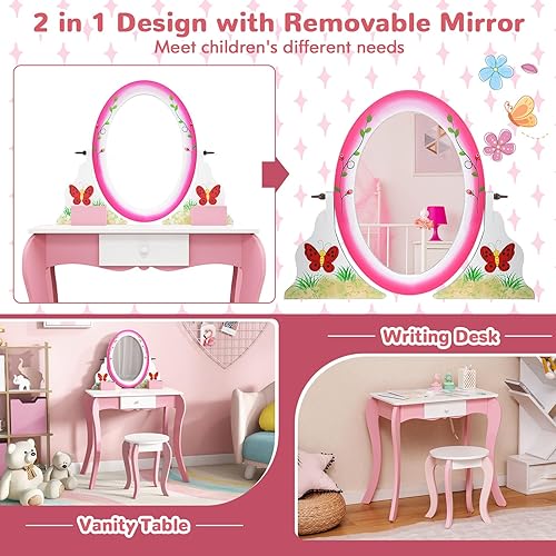 Miniatura 4 de HONEY JOY Vanity - Tocador de madera 3 en 1 de maquillaje de princesa con taburete, espejo de doble cara y pizarra blanca con 4 rotuladores, cajón,
