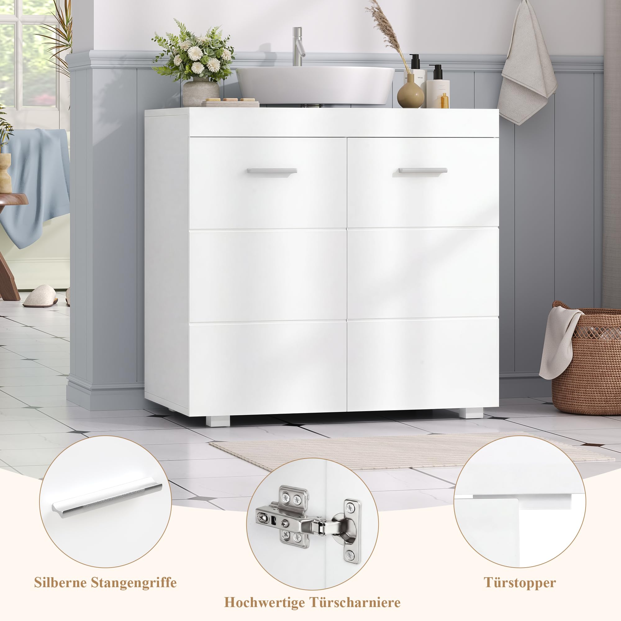 FOREHILL Waschbeckenunterschrank Unterschrank Badezimmerschrank mit 2 Türen und 2 Ablagen, 60x31x60cm, für Badezimmer, weiß