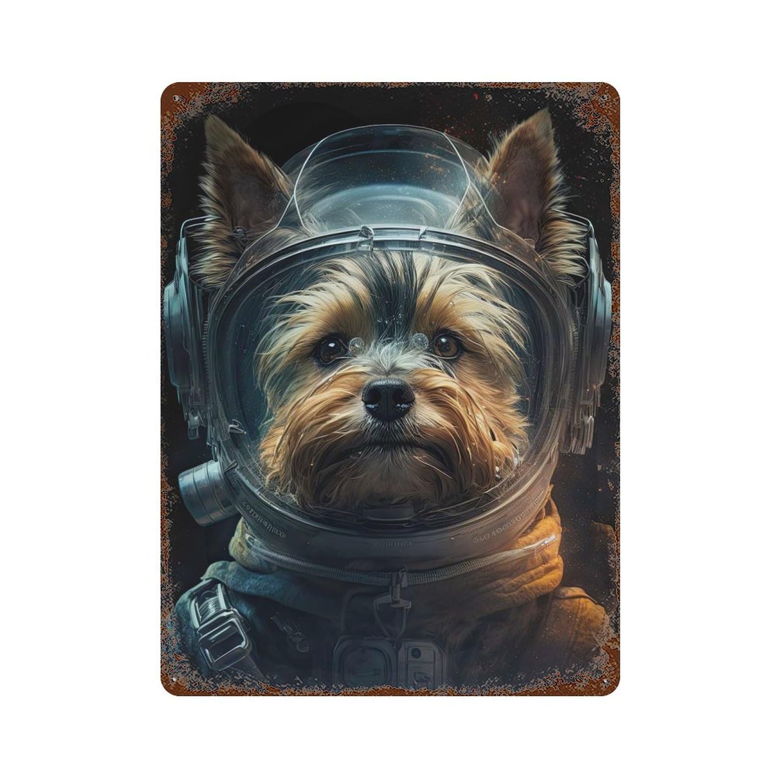 Vintage Metal Tin Sign with Yorkie Dog Astronaut Design 15.7"x11.8", for Garage, Bar And Workshop Decor, Novelty Wall Decor