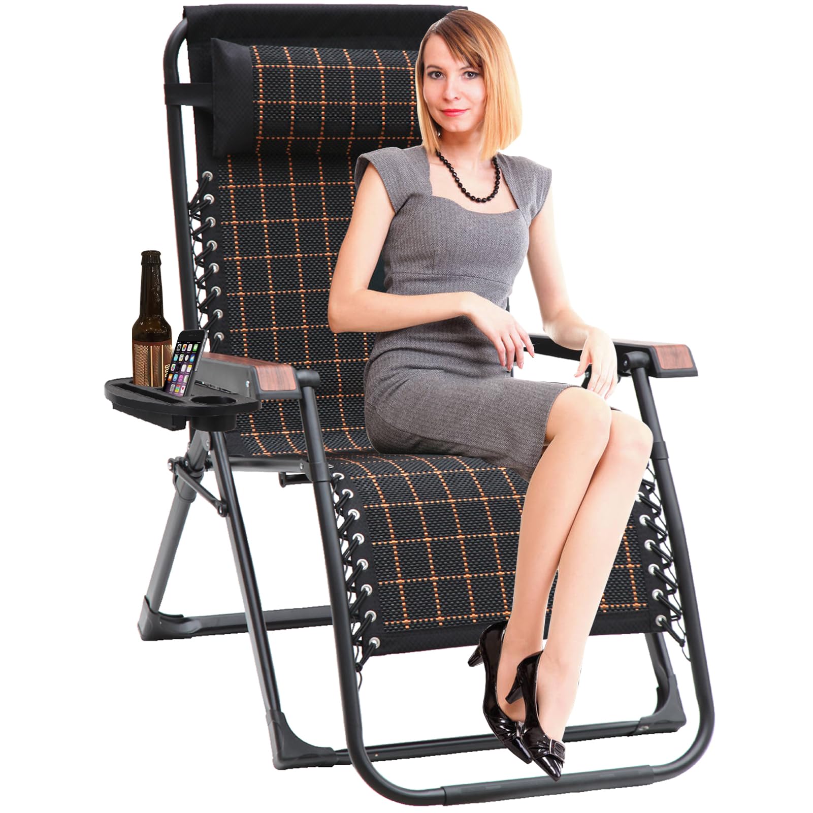 Cozykimo Tumbona plegable | Tumbona extra ancha de vetas de madera | Tumbona de jardín plegable con respaldo alto con soporte para cereales | Tumbona de patio | Tumbona de relajación ajustable para