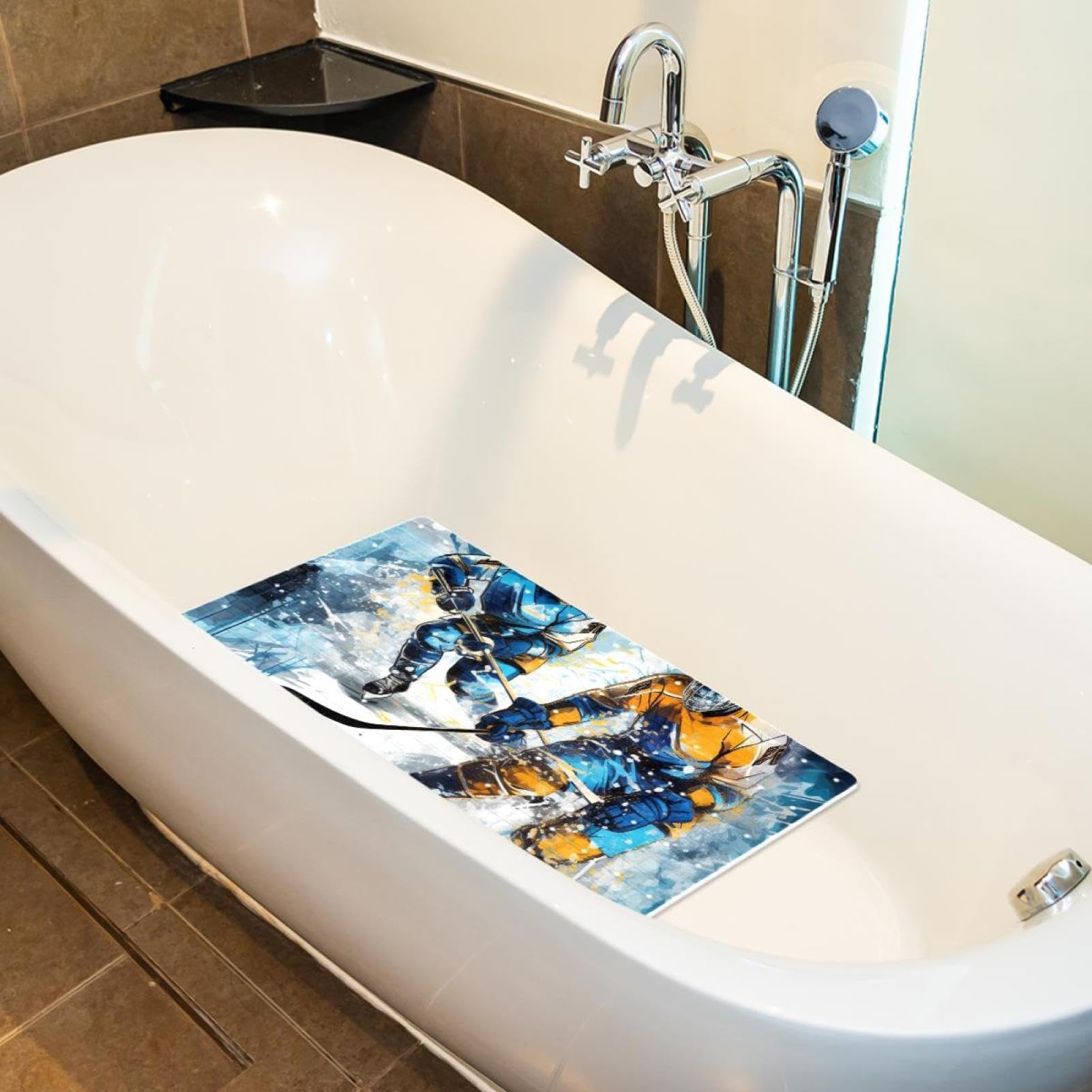 Tapis de bain et de douche avec motif peinture de hockey sur glace, lavable, ventouses et trous de drainage pour garder les baignoires propres, transparent