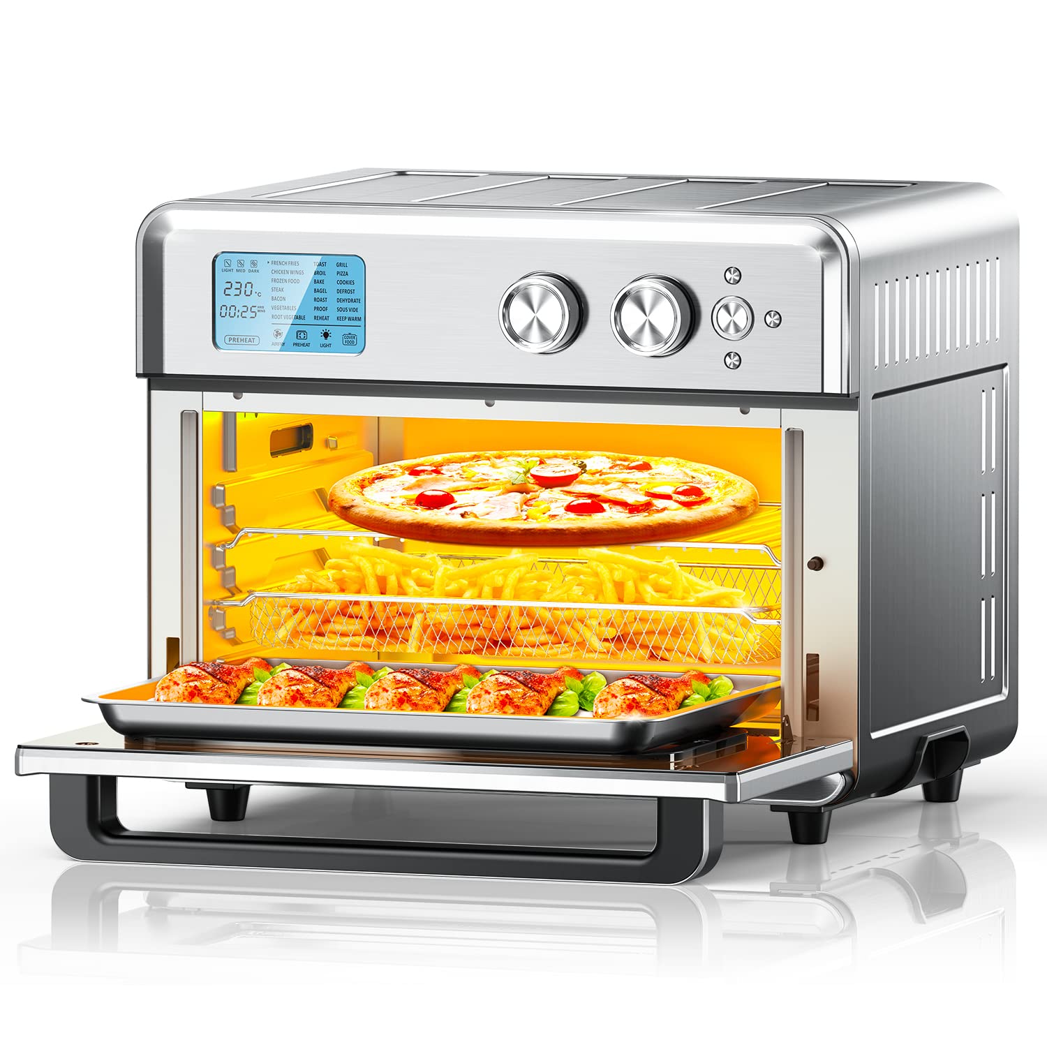 Toaster Oven Air Fryer Combo with 21 Presets, 26.3 QT Countertop Convection Oven with Airfryer Accessories, Recipe, for Bake, Fry Meals, Desserts, Oil-less, 1800W, Stainless Steel