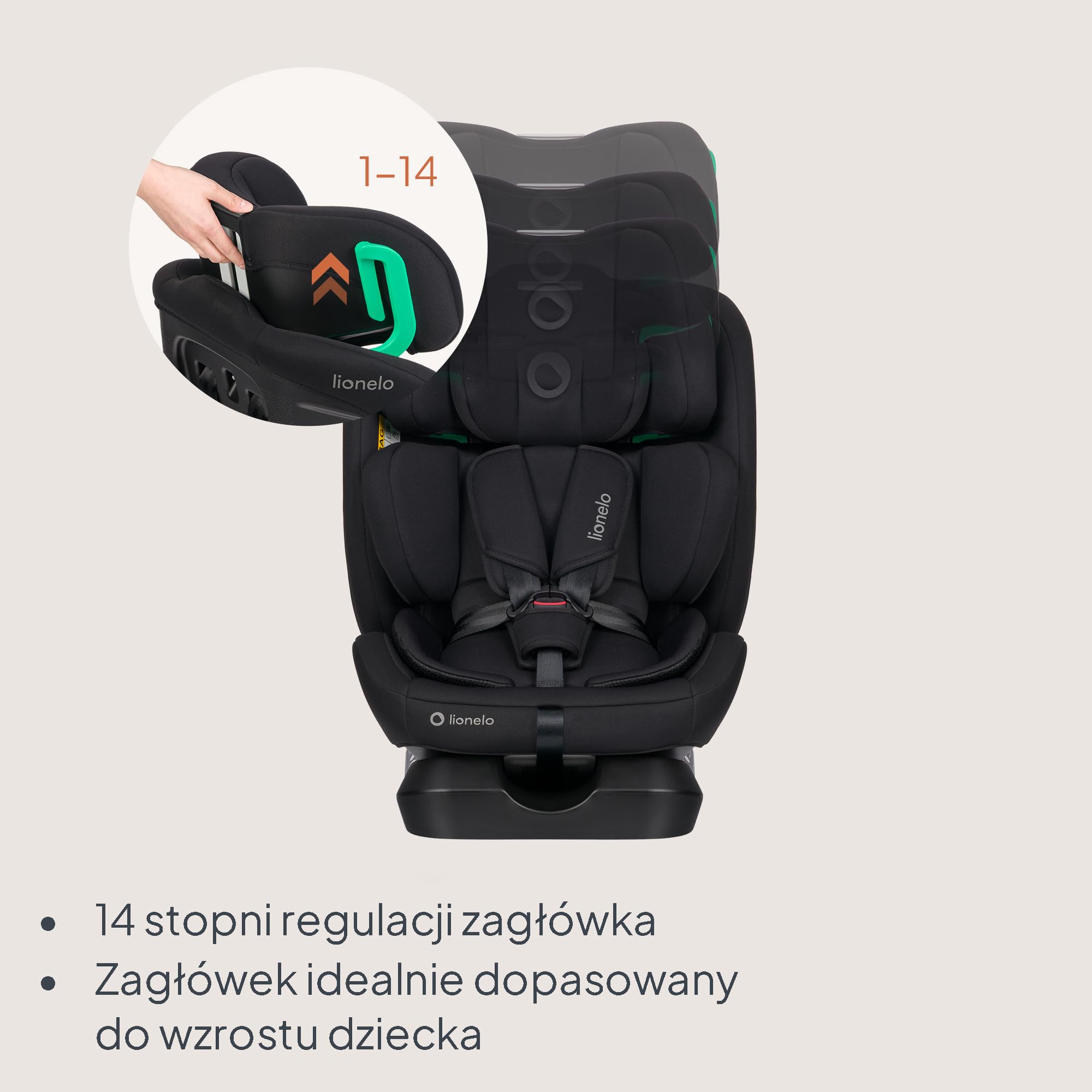 LIONELO Fotelik samochodowy dla niemowląt AART i-Size dla dzieci od urodzenia 40 do 150 cm 0-36 kg skierowany do przodu i do tyłu, uniwersalne dopasowanie, 13 poziomów regulowany zagłówek, leżący