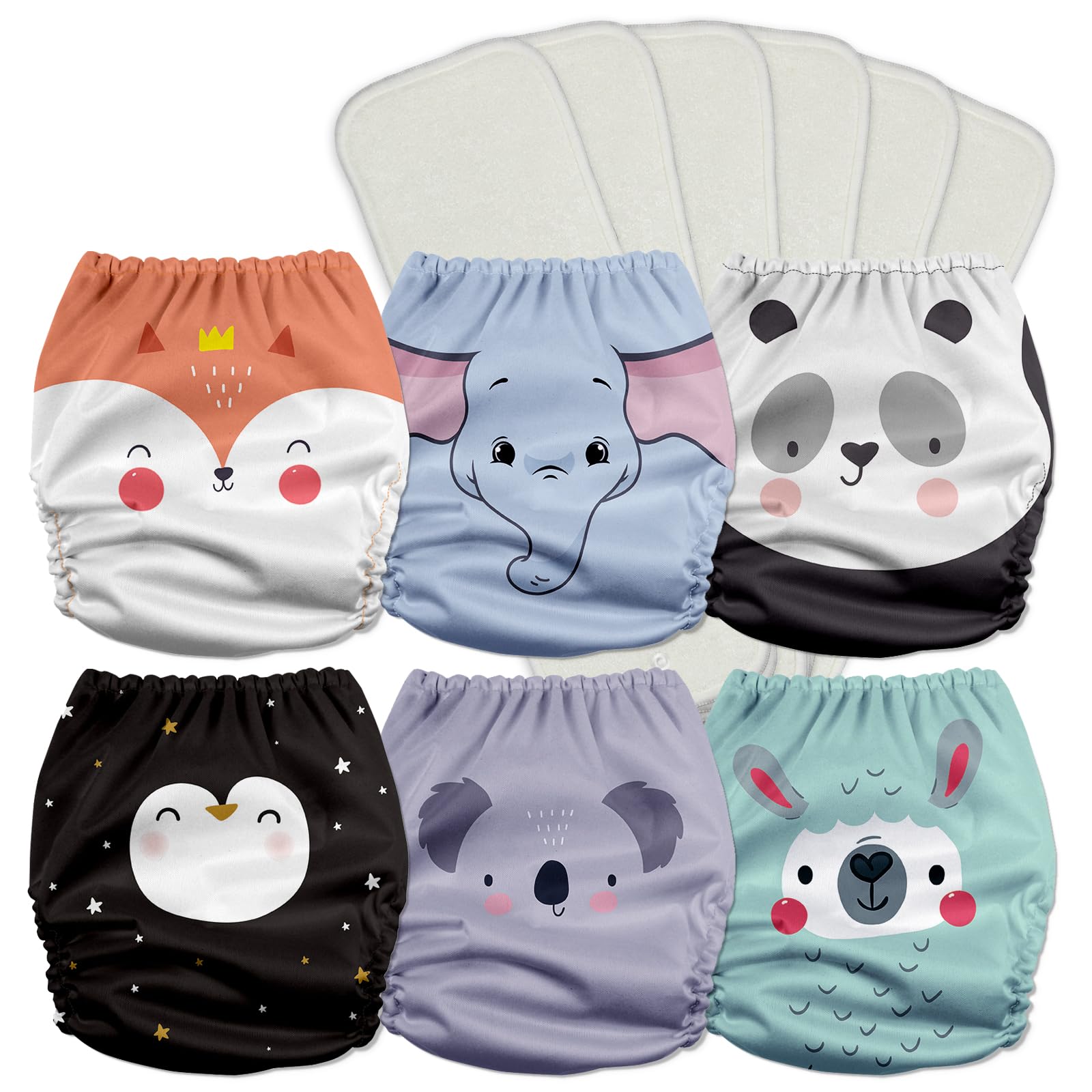 Mama Koala 3.0 Pocket Cloth Diapers for Babies with AWJ Lining, 6 Pack with 6 5-Layer Natural Cloth Diaper Inserts - Reusable and Washable Pocket Diapers(A-Love Animals)