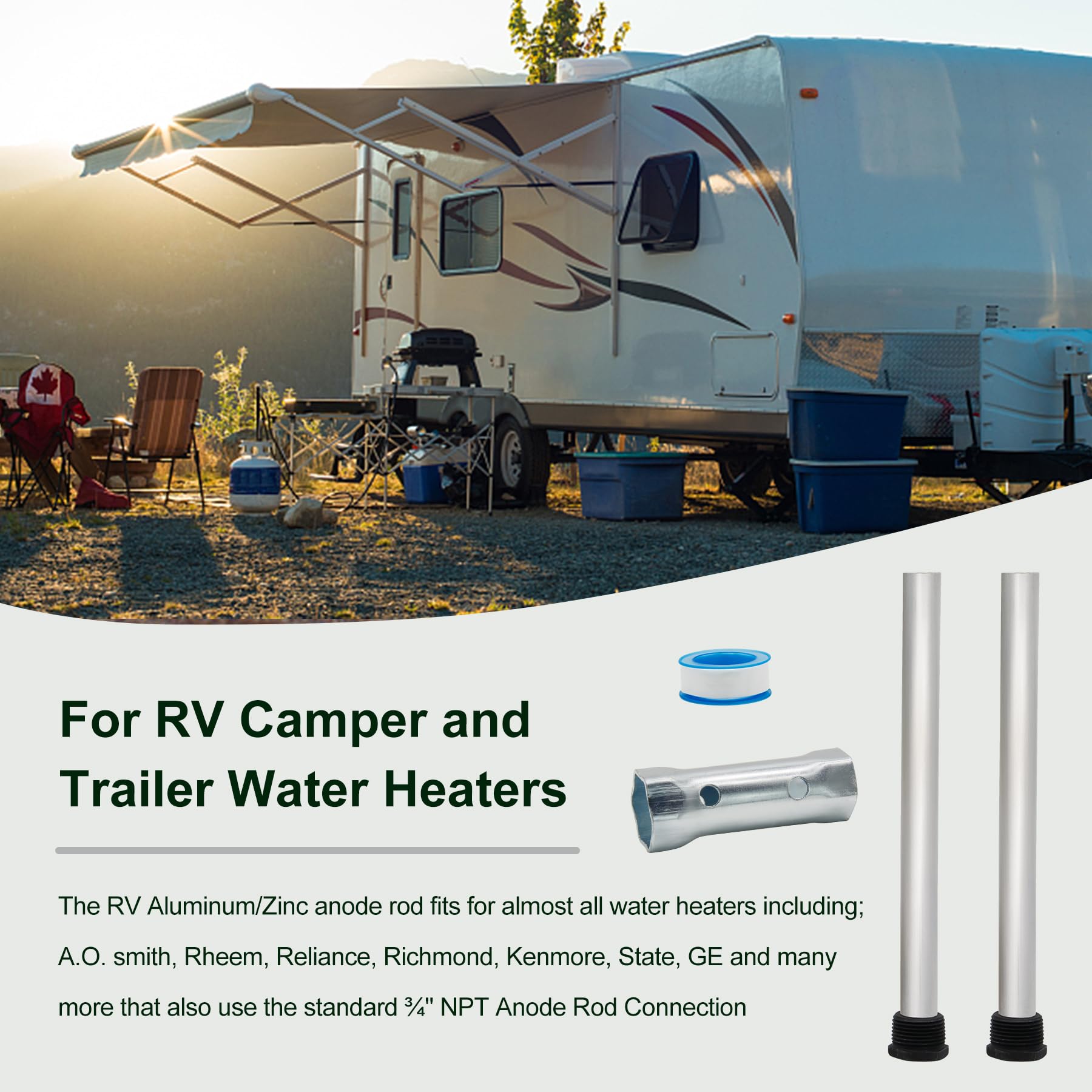 Varilla de ánodo para calentador de agua para caravana, paquete de 2 unidades para tanque de agua caliente, varilla de ánodo de aluminio para Suburban y Morflo – 9.25 pulgadas de largo y 3/4 pulgadas
