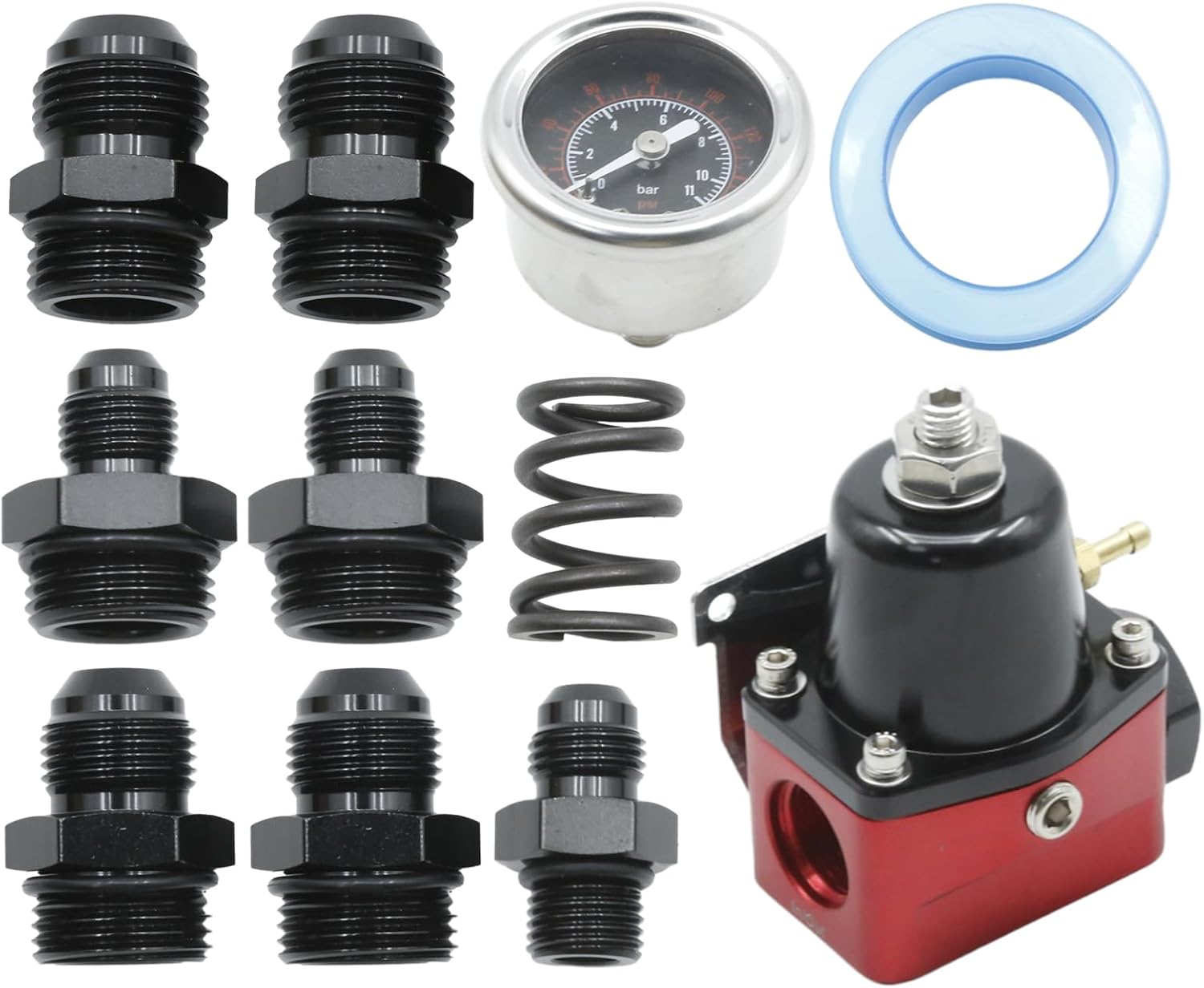 Fuel Pressure Regulator 6AN, Black-Red Fuel Adjustable Universal Pressure Regulator Kit with Bypass Return Liquid Filled Pressure Gauge, Suitable for Gasoline E85 and Alcohol