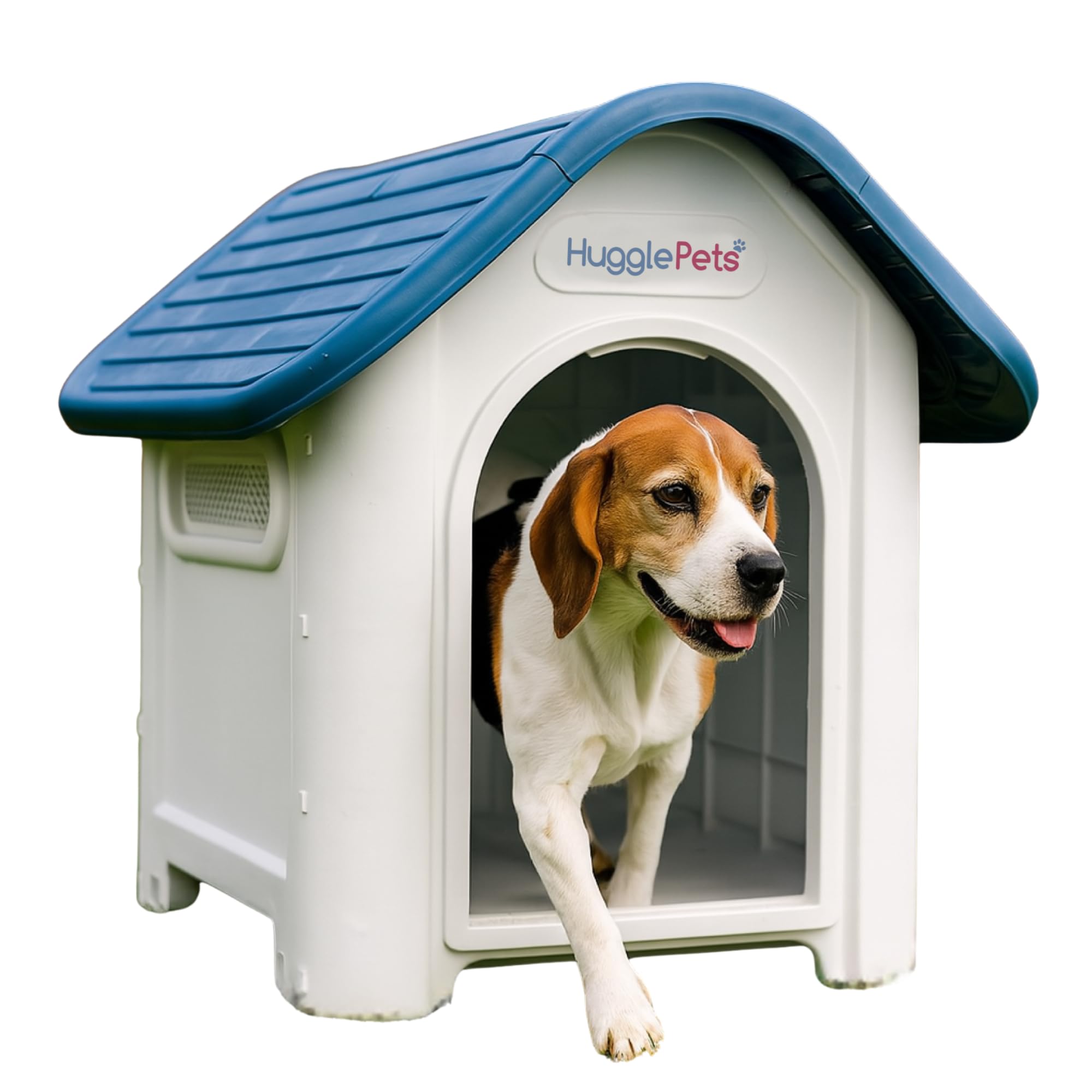 HugglePets Plastic Dog Kennel Outdoor & Indoor (87 x 72cm - Blue Roof) Raised & Ventilated Weatherproof Cat or Dog House Pet Shelter. Lightweight & Durable, Easy to Assemble & Clean.