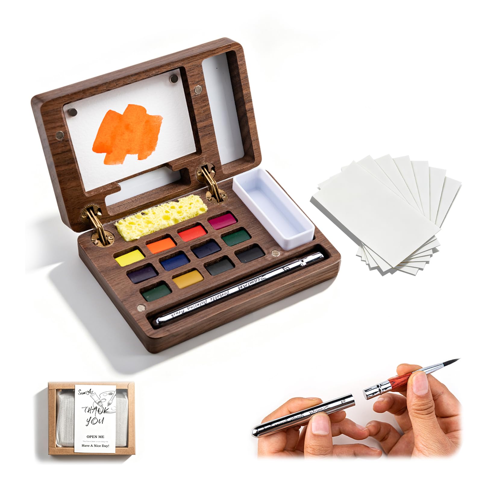 SEAMIART 12 Colors Mini Watercolor Paint Set All-in-One Travel Painting Kit
