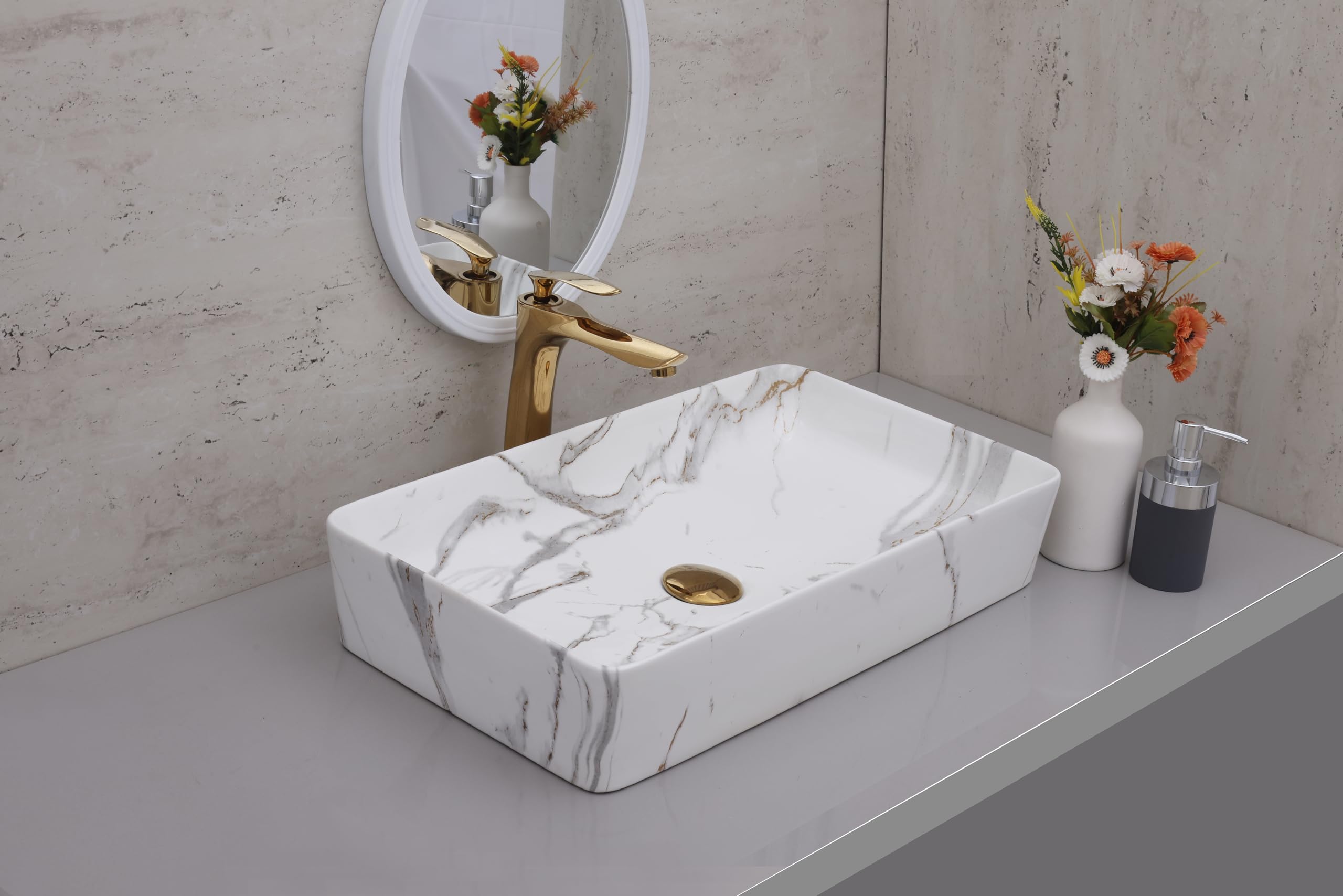 Hisre Ceramic Tabletop Washbasin/Tabletop Marble Basin/Countertop Basin for Living Room/Bathroom Sink (24 x 14 x 5 Inch), photo 2 of 3