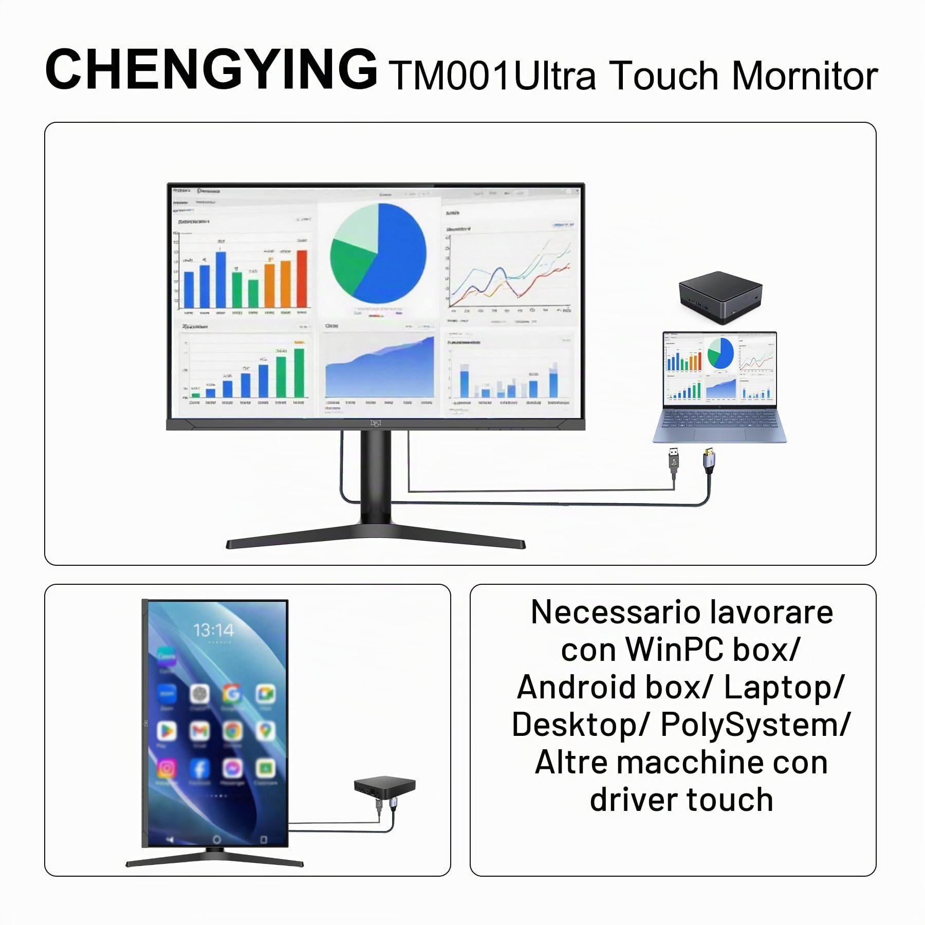 Chengying Monitor Touch Screen | 32 pollici 4K | Touch Monitor con Bordo Ultra Fino | Display Touch On-Cell | 32" Touchscreen | Serie TM001Ultra