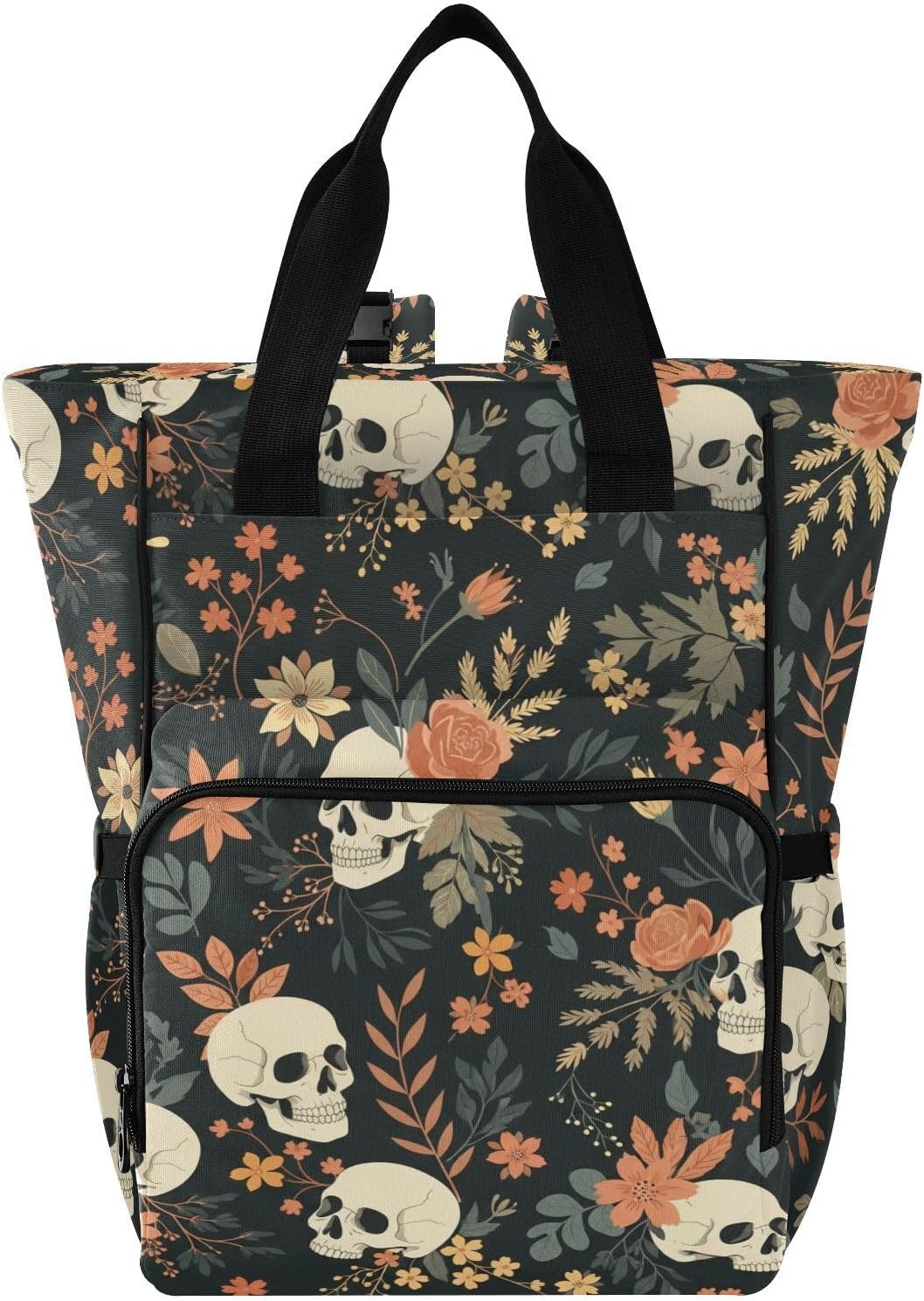 SPRIPORT Gothic Floral Skulls Black Pattern Diaper Bag Backpack for Baby Boys Girls Multifunction Baby Essentials Travel Tote with Stroller Straps & Bottle Storage Maternity Travel Bag for Baby Gifts