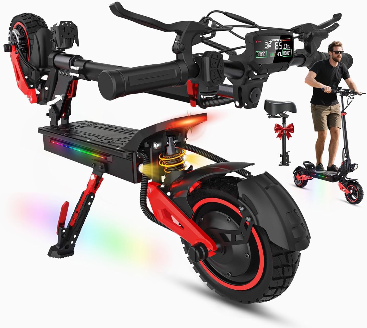 Off-Road Electric Scooter Adults with Seat,1600W/1200W Motor,32-40 Miles Long Range,31/34MPH,10/11" All Terrain Escooter, 48V 18AH/21AH,Foldable E-Scooter with Full Suspension,Dual Brake,150KG Load