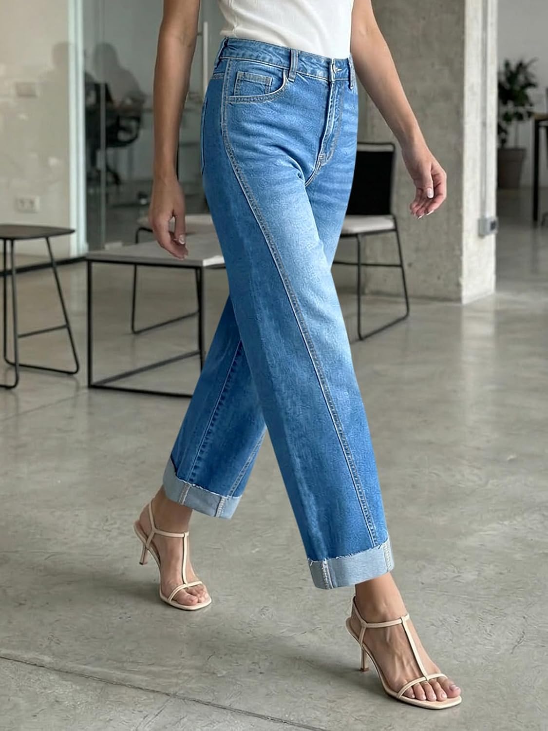 Cicy Bell Womens Cropped Jeans High Waisted Straight Wide Leg Cuffed Boyfriend Denim Pants with Pockets