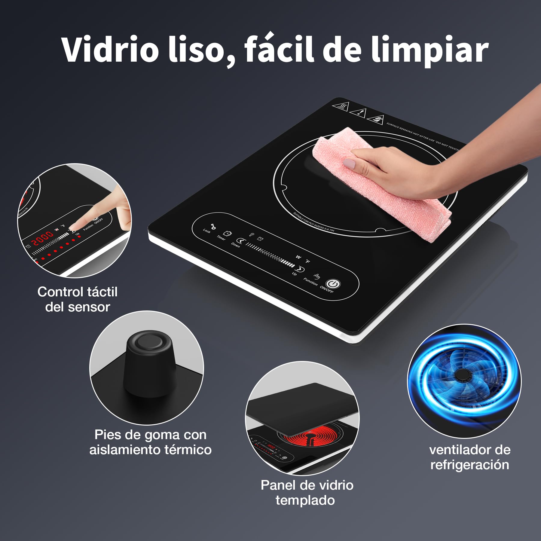VBGK vitro portatil 1 fuego，220V 2000W placa vitroceramica con control táctil LED, 10 niveles de potencia, temporizador de 4 horas, bloqueo de seguridad y protección contra sobrecalentamiento.