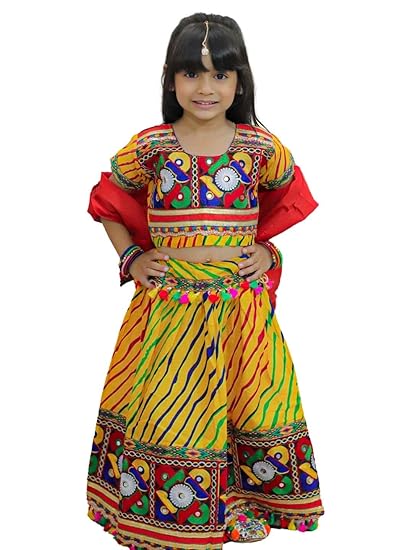 Girls' Navratri Peacock Embroidery Chaniya Choli, Indian Traditional Ethnic Dress for Kids with Dupatta and Half Sleeves, Perfect for Garba & Festive Occasions,
