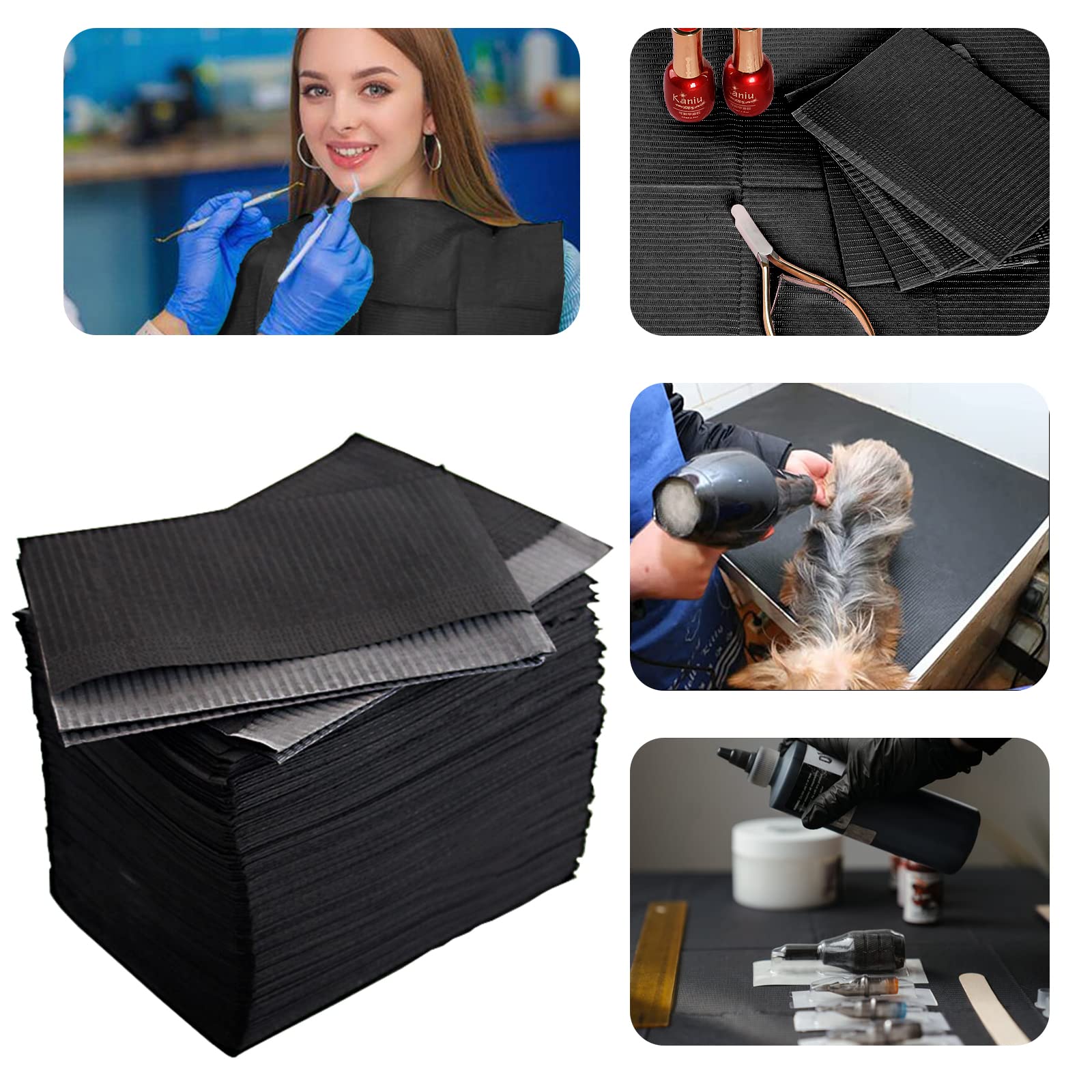 Bavoirs Dentaires Jetable, SOTICA 125pcs Bavoirs Jetable Tatouage Noir Bavoirs Papier Imperméable 3 Plis Protection Table Tatouage