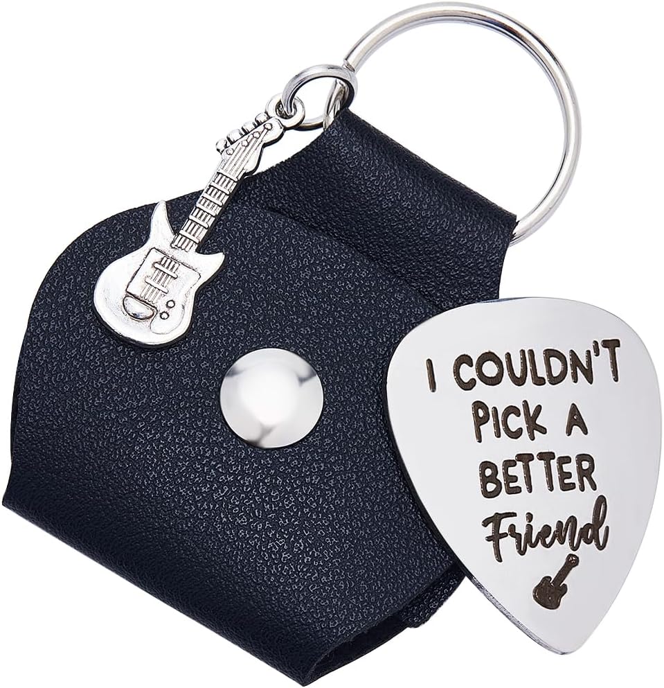 CRASPIRE I Couldn't Pick A Better Friend Guitar Picks Word Keychain Stainless Steel Engraving Guitar Pick Holder Plectrum Guitar Accessories Leather Guitar Clip for Guitar Players Music Lover