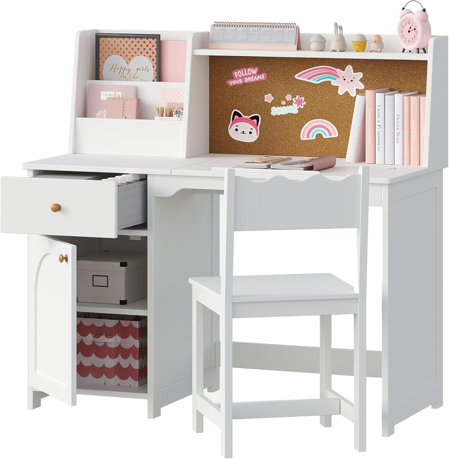 Treocho Kids Study Desk & Chair Set with Tiltable Desktop, Hutch, Storage Drawers - Wooden for Ages 5-12, White