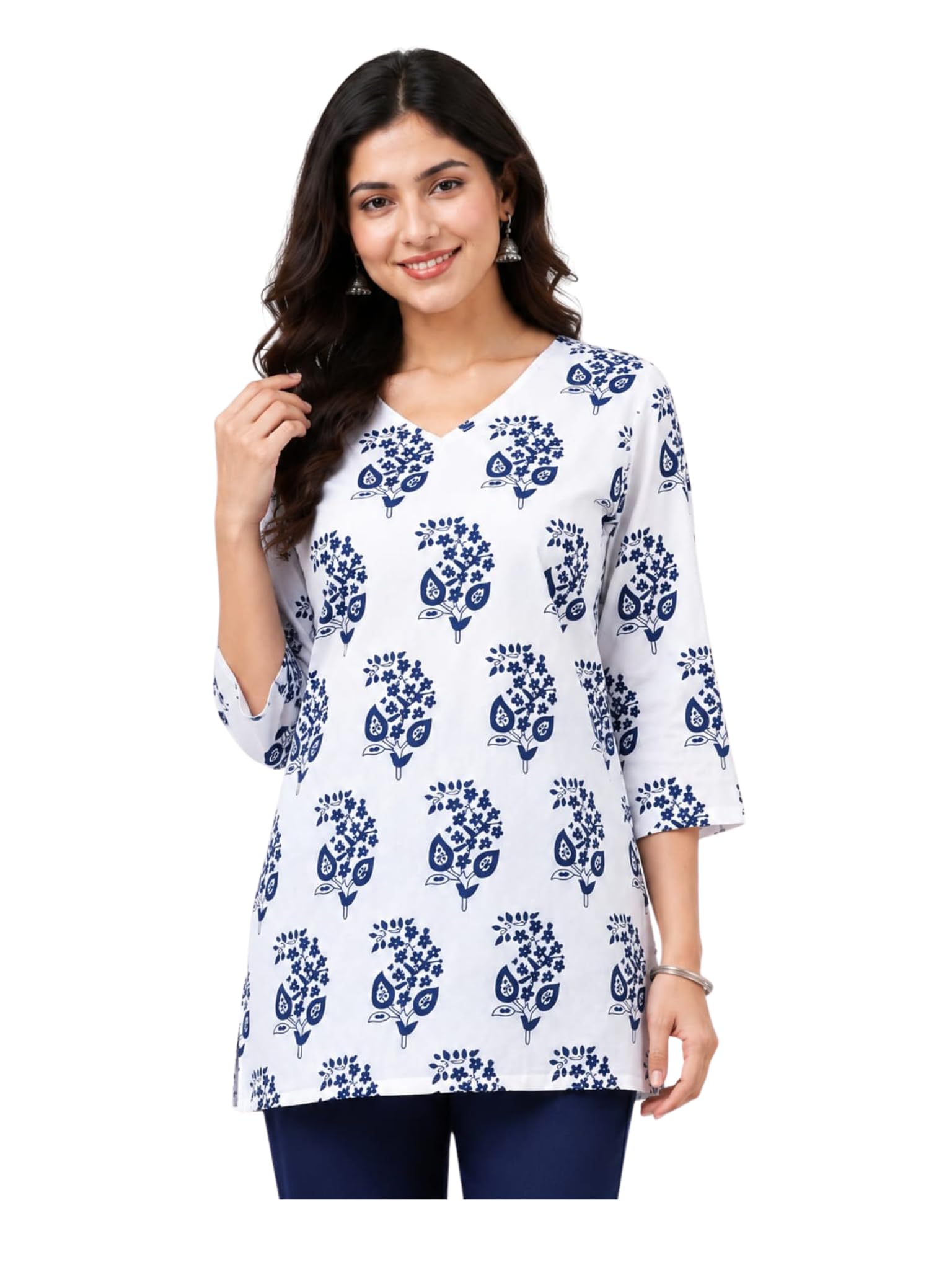 Global Fashion Women's Rayon Floral Print Short Kurta | V-Neck Straight Fit Tunic Top | Casual Ethnic Kurti for Office, Festive Occasion-image-32