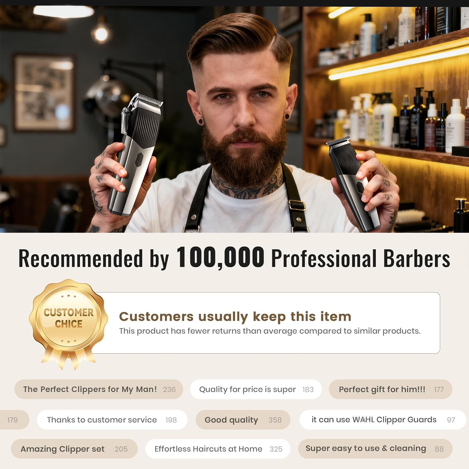 BESTBOMG Tagliacapelli Uomo Professionale, Macchinetta per Capelli Senza Fili, Tagliacapelli per il Naso, Elettrico Barba, Taglio di Capelli con Pettine Limite