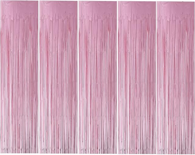 Kioneer Indoor Metallic Tinsel Curtains 5 Packs 3 ft x 10 ft, Foil Fringe Curtains for Photo Backdrop Door Wall Hanging Window Curtain Party Office Decoration (light Pink )