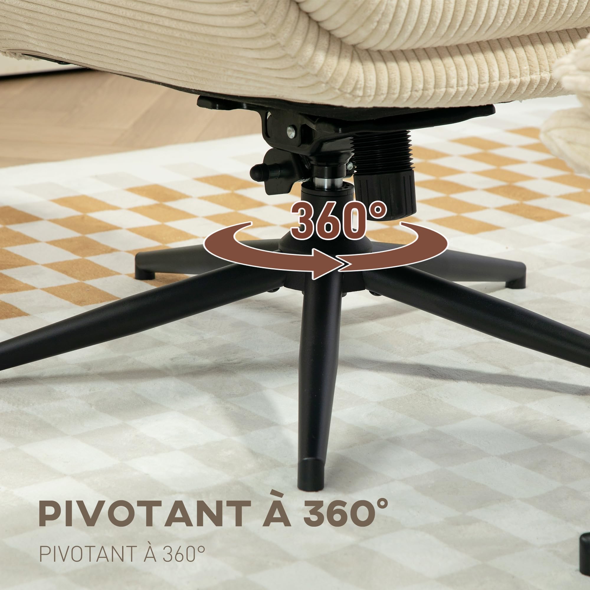 HOMCOM Fauteuil Salon avec Repose-Pieds Pivotant Inclinable Relax Beige | Velours Côtelé, Assise et Accoudoirs Rembourrés, Dossier Haut, pour Salon et Chambre